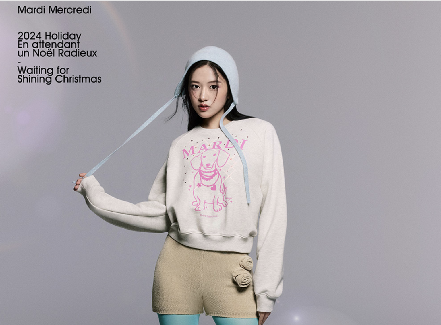 Mardi SWEATSHIRT RAGLAN SWING THE TAIL DDANJI PEARL NECKLACE STONE EMBELLISHED_OATMEAL PINK