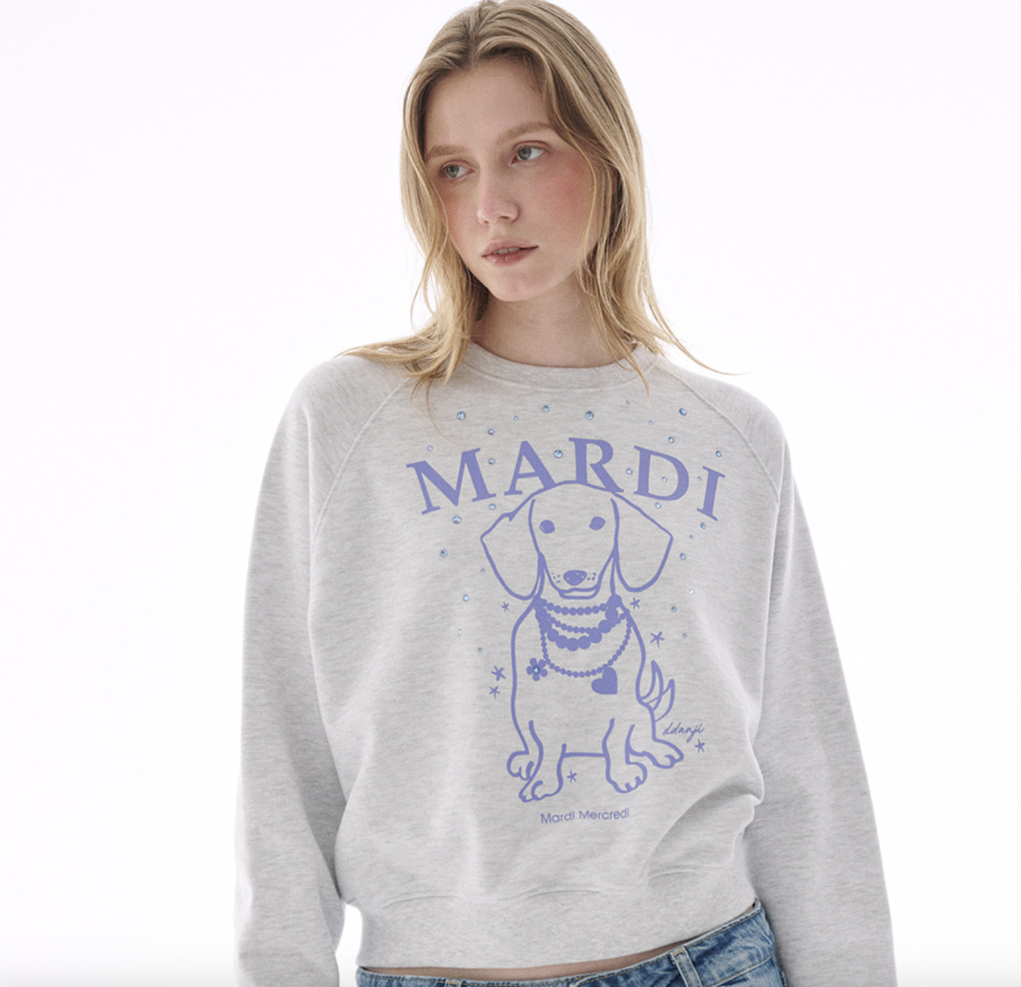 Mardi SWEATSHIRT RAGLAN SWING THE TAIL DDANJI PEARL NECKLACE STONE EMBELLISHED_HEATHER PURPLE