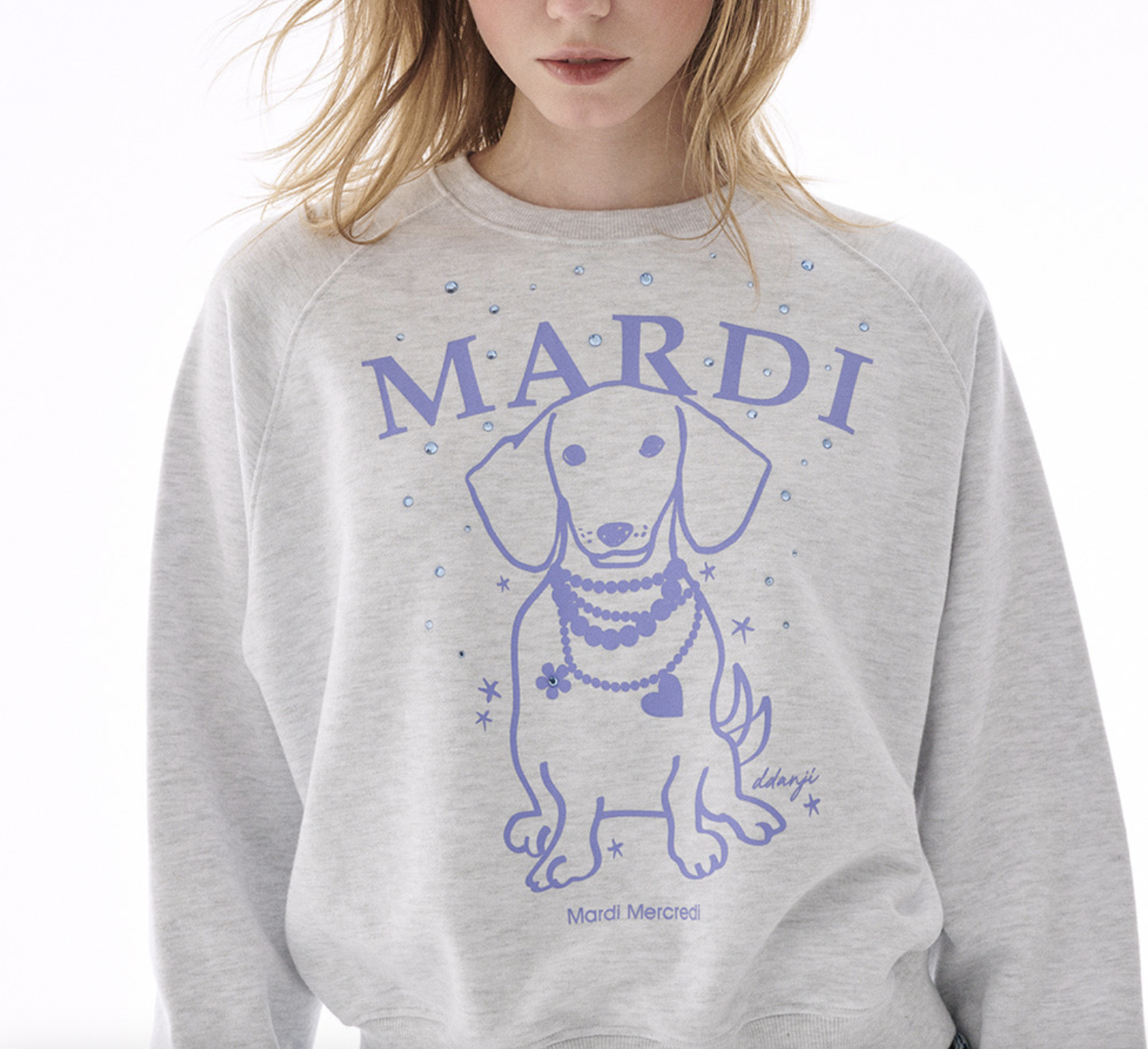 Mardi SWEATSHIRT RAGLAN SWING THE TAIL DDANJI PEARL NECKLACE STONE EMBELLISHED_HEATHER PURPLE