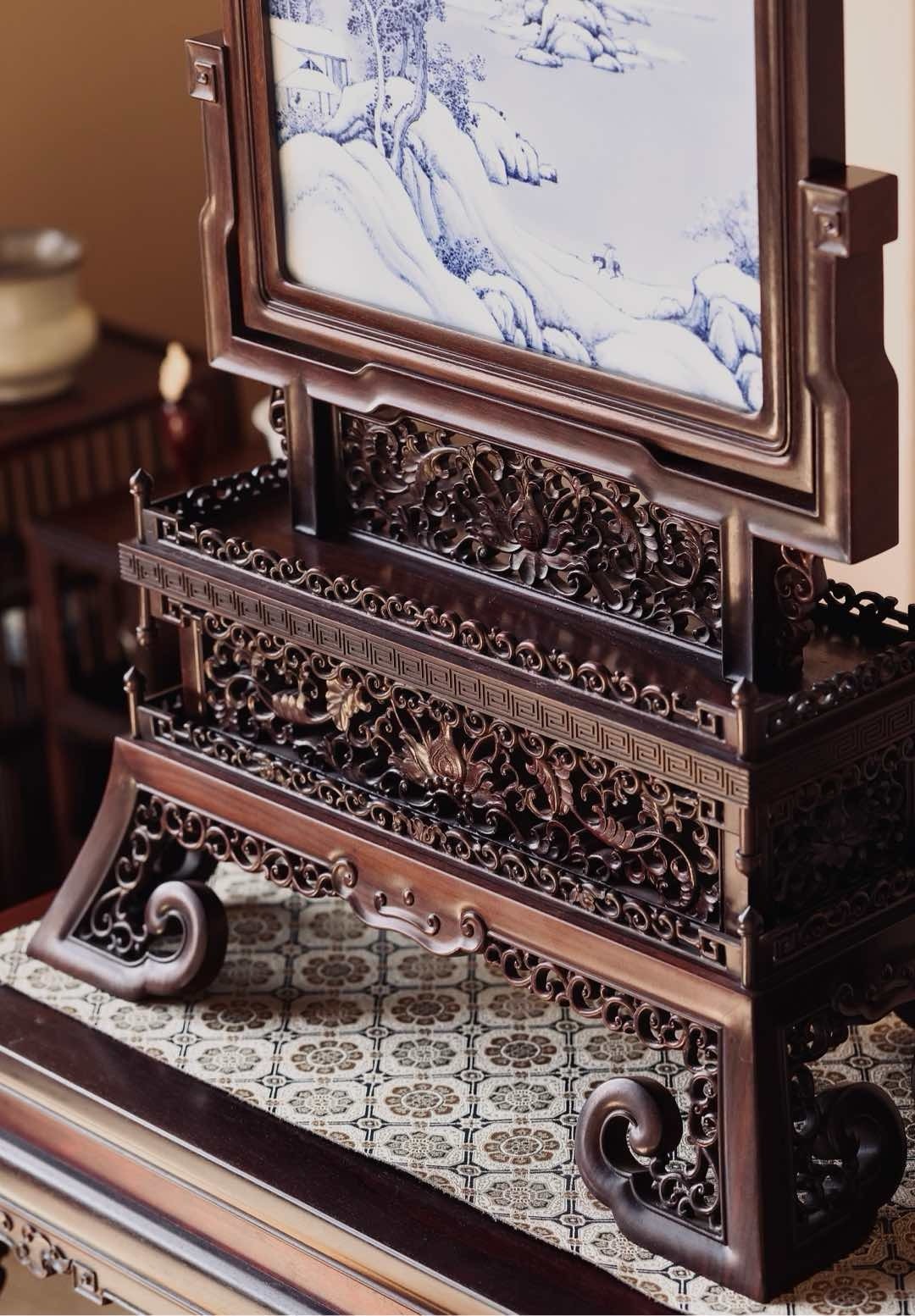 Rosewood porcelain panel painting "Snowy Mountain and Stream"