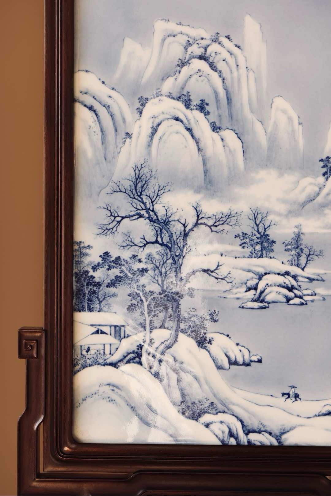 Rosewood porcelain panel painting "Snowy Mountain and Stream"