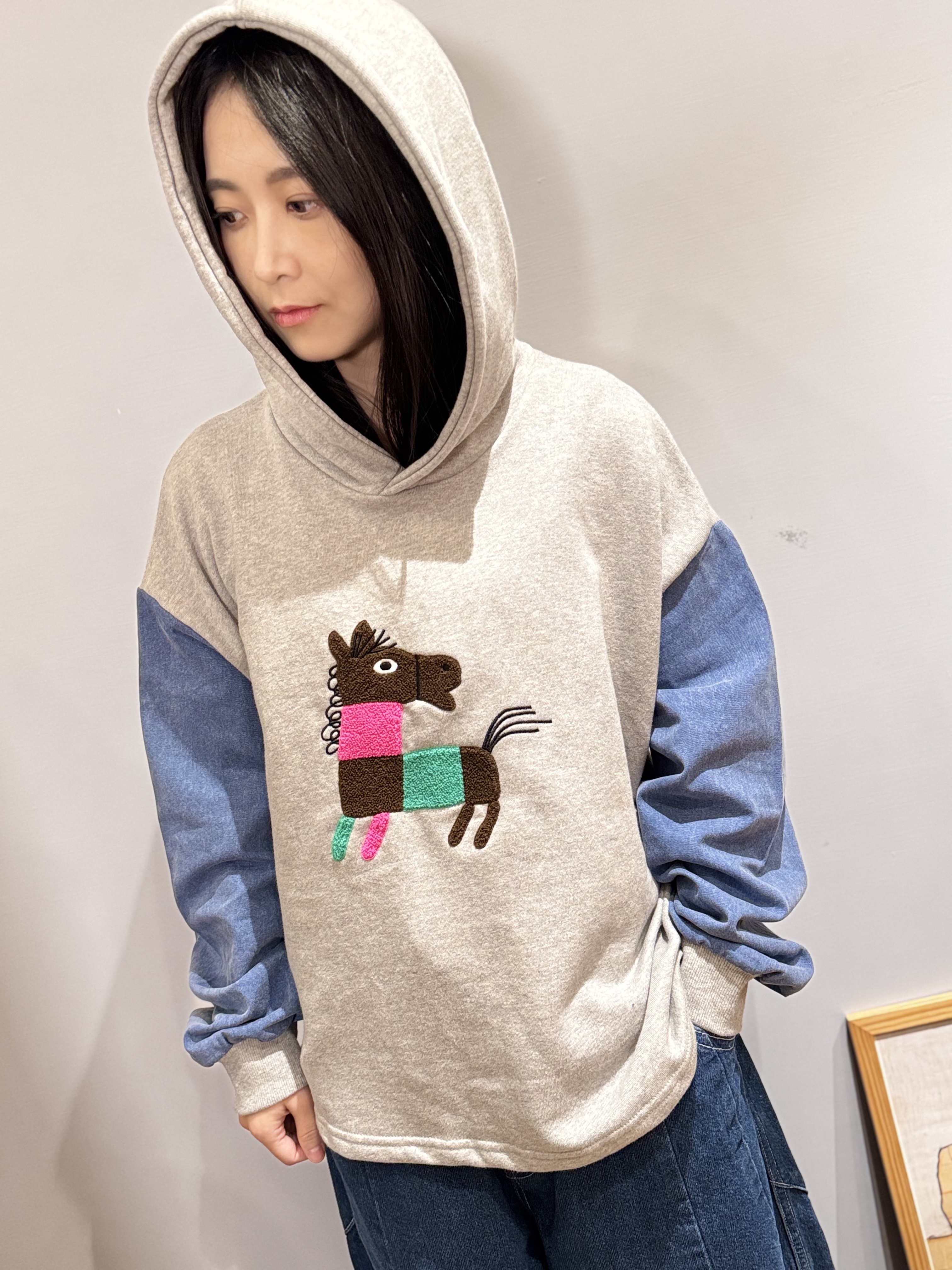 趣味拼接小馬連帽上衣