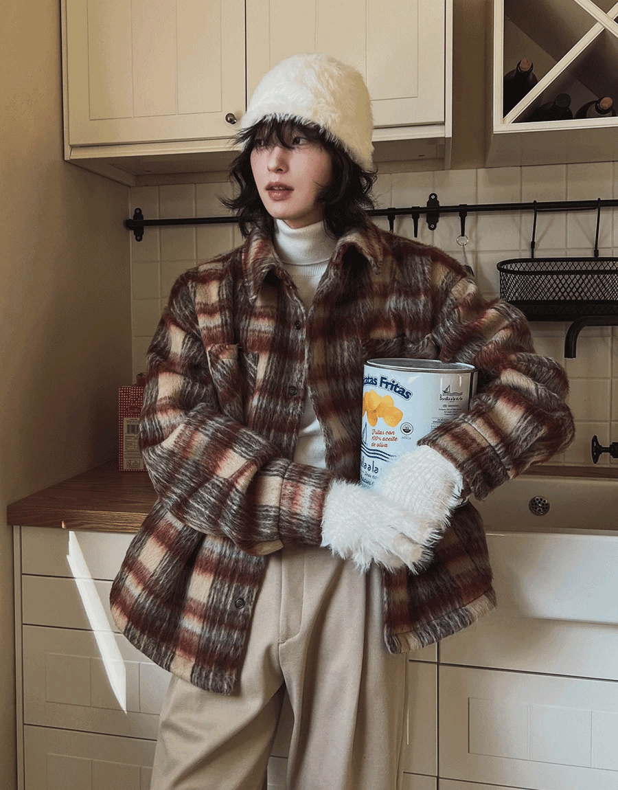 格紋口袋羊毛鋪棉夾克外套