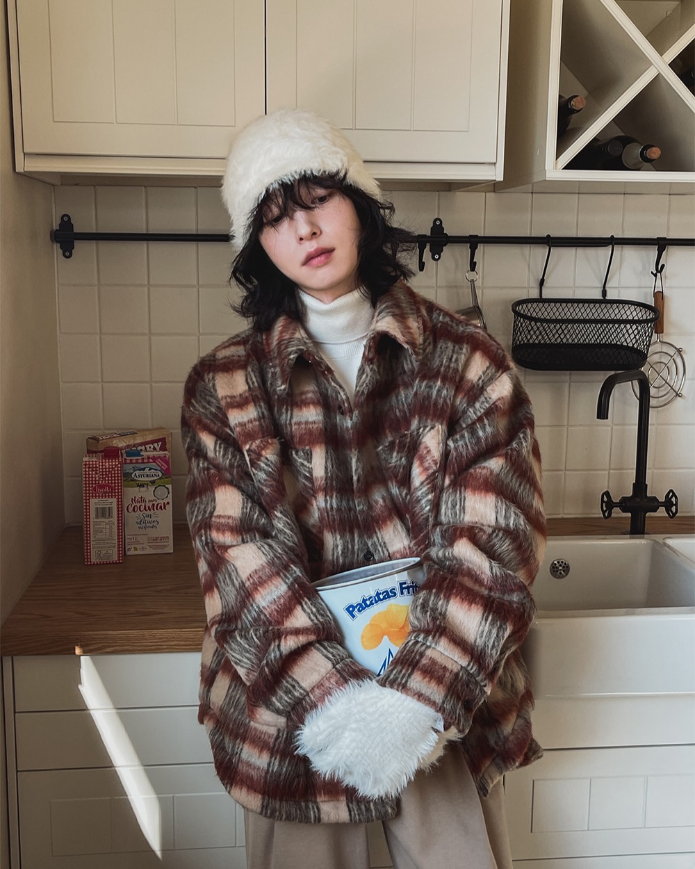 格紋口袋羊毛鋪棉夾克外套