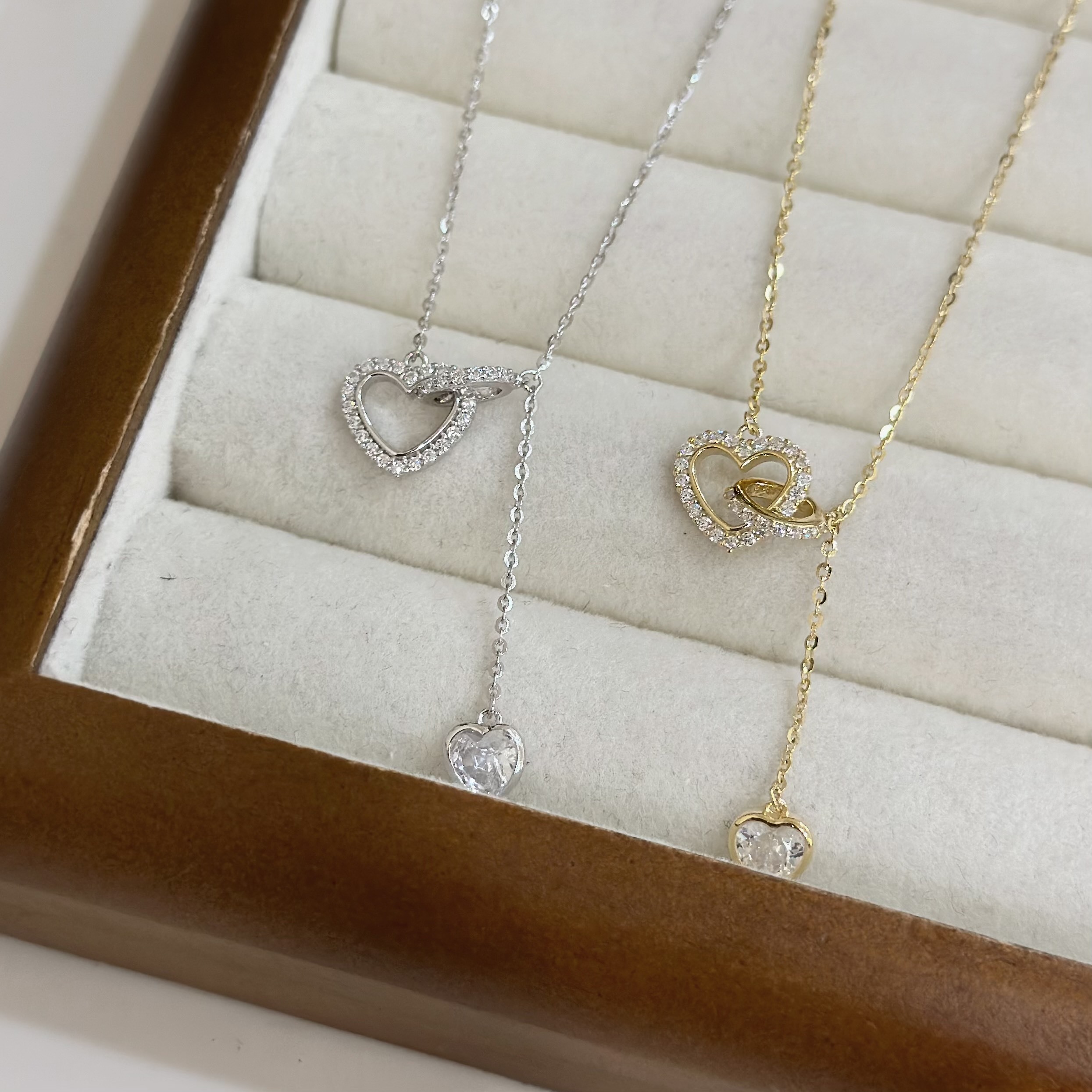 Q06【輕奢】排鑽愛心圓圈相扣純銀Y字鎖骨鏈