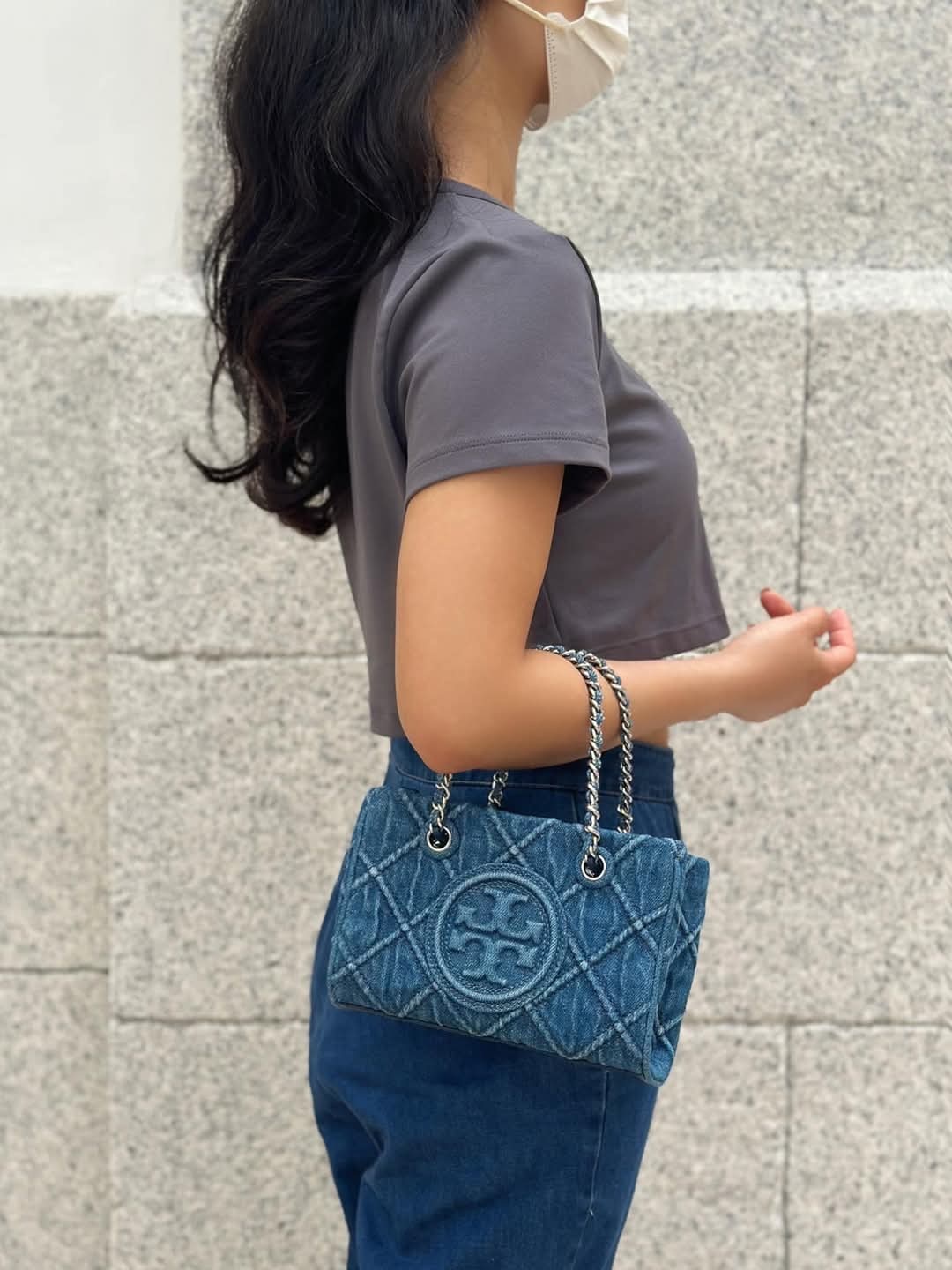 Tory Burch Mini Fleming Soft Denim Chain Tote