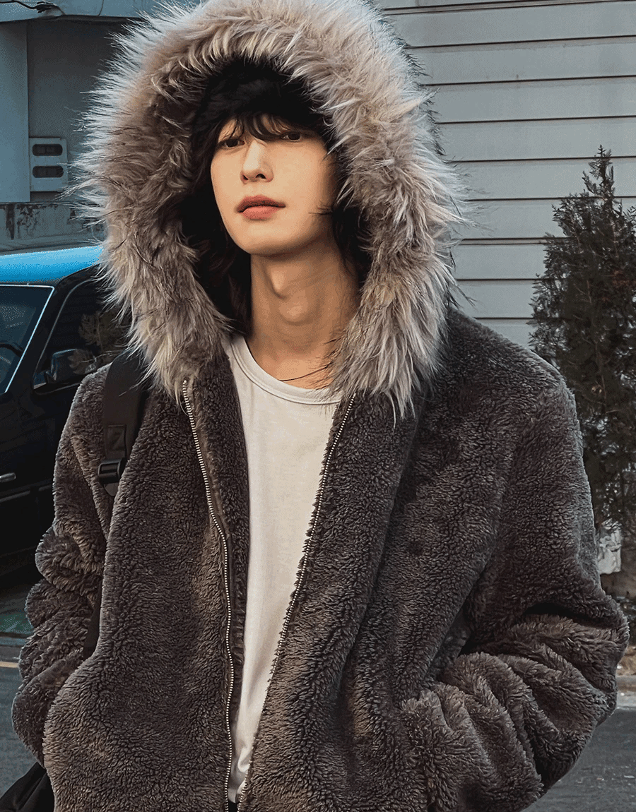 毛絨連帽拉鍊外套