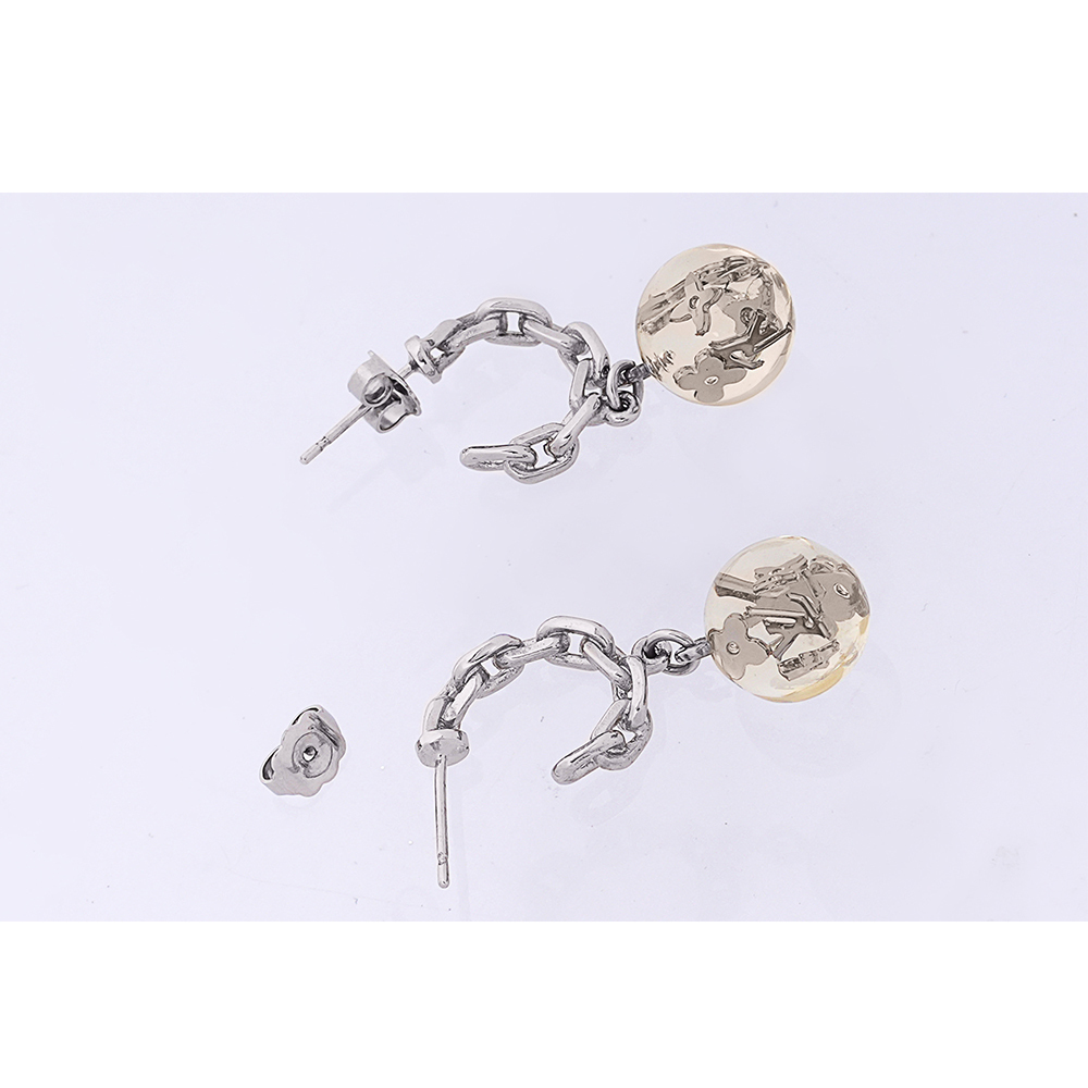 【Louis Vuitton / LV】Monogram 透明球墜飾鏈狀針式耳環(銀色)LV47000005