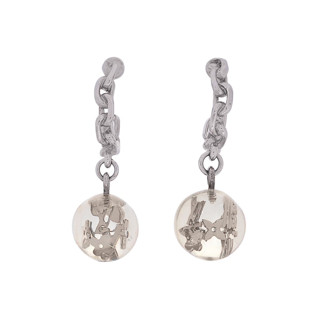 【Louis Vuitton / LV】Monogram 透明球墜飾鏈狀針式耳環(銀色)LV47000005