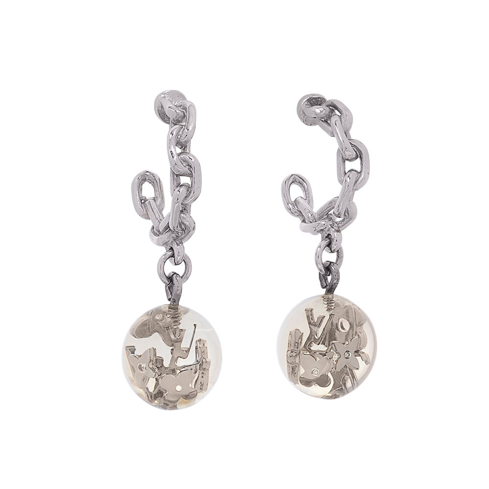 【Louis Vuitton / LV】Monogram 透明球墜飾鏈狀針式耳環(銀色)LV47000005