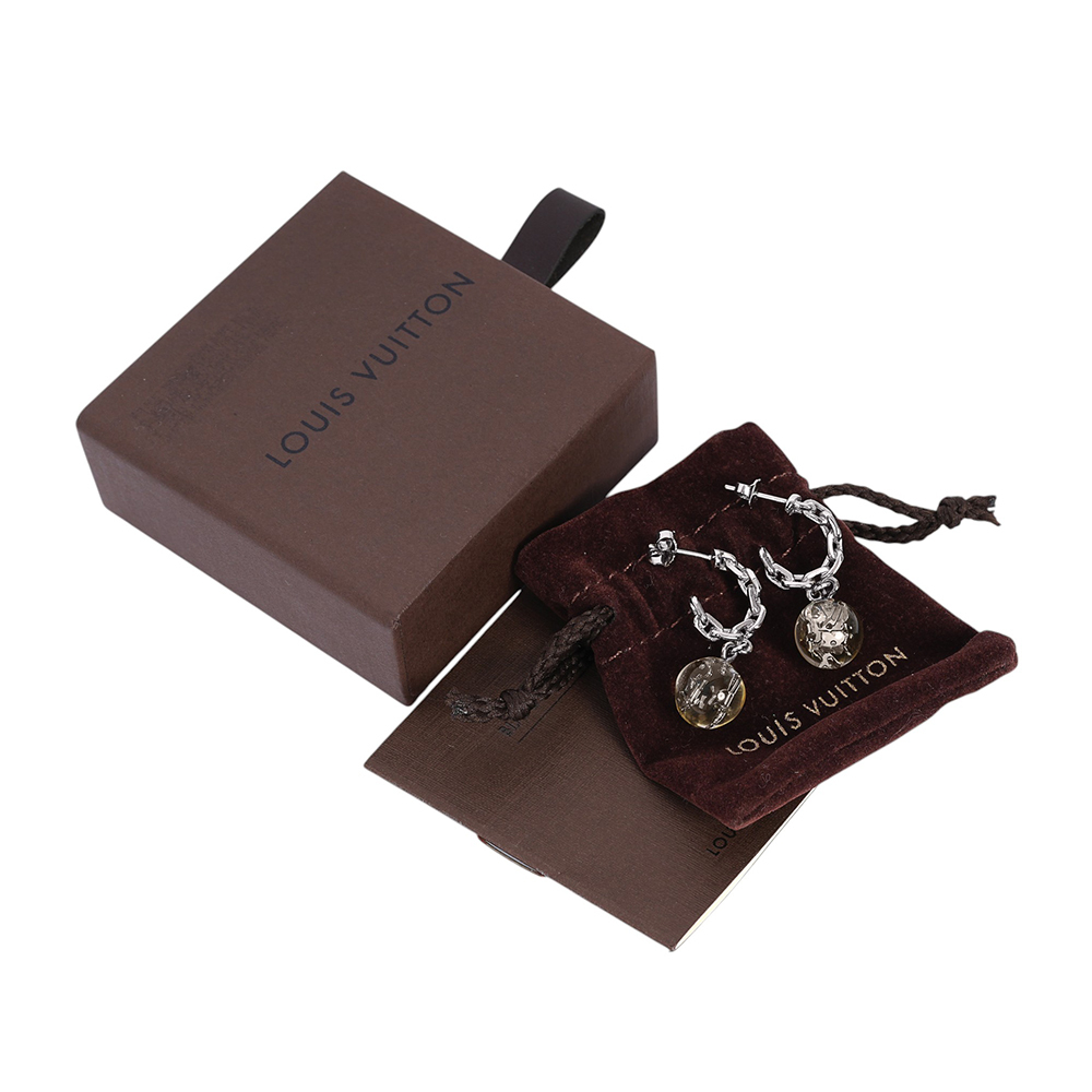 【Louis Vuitton / LV】Monogram 透明球墜飾鏈狀針式耳環(銀色)LV47000005