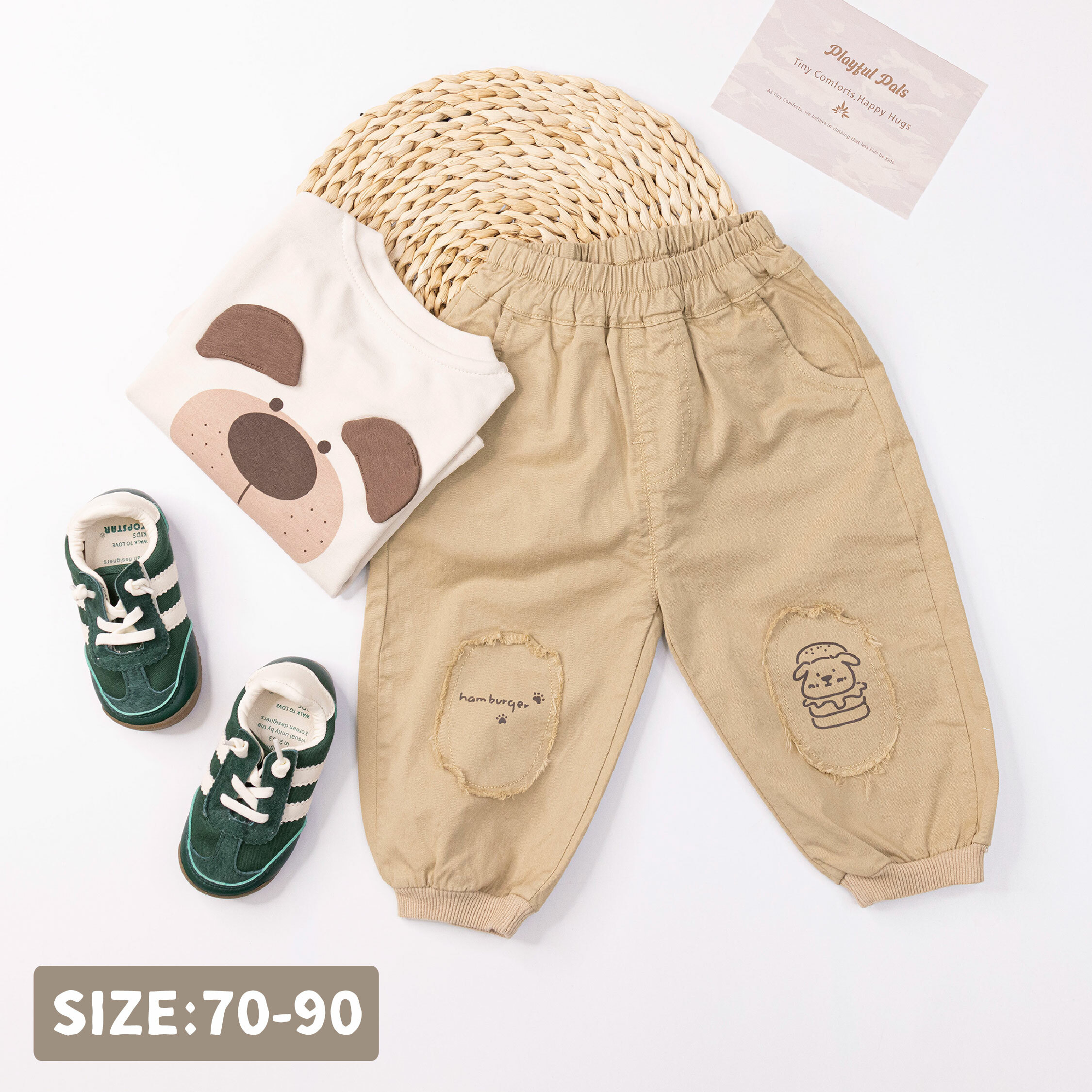 【H55014】漢堡小狗貼布繡質感縮口褲