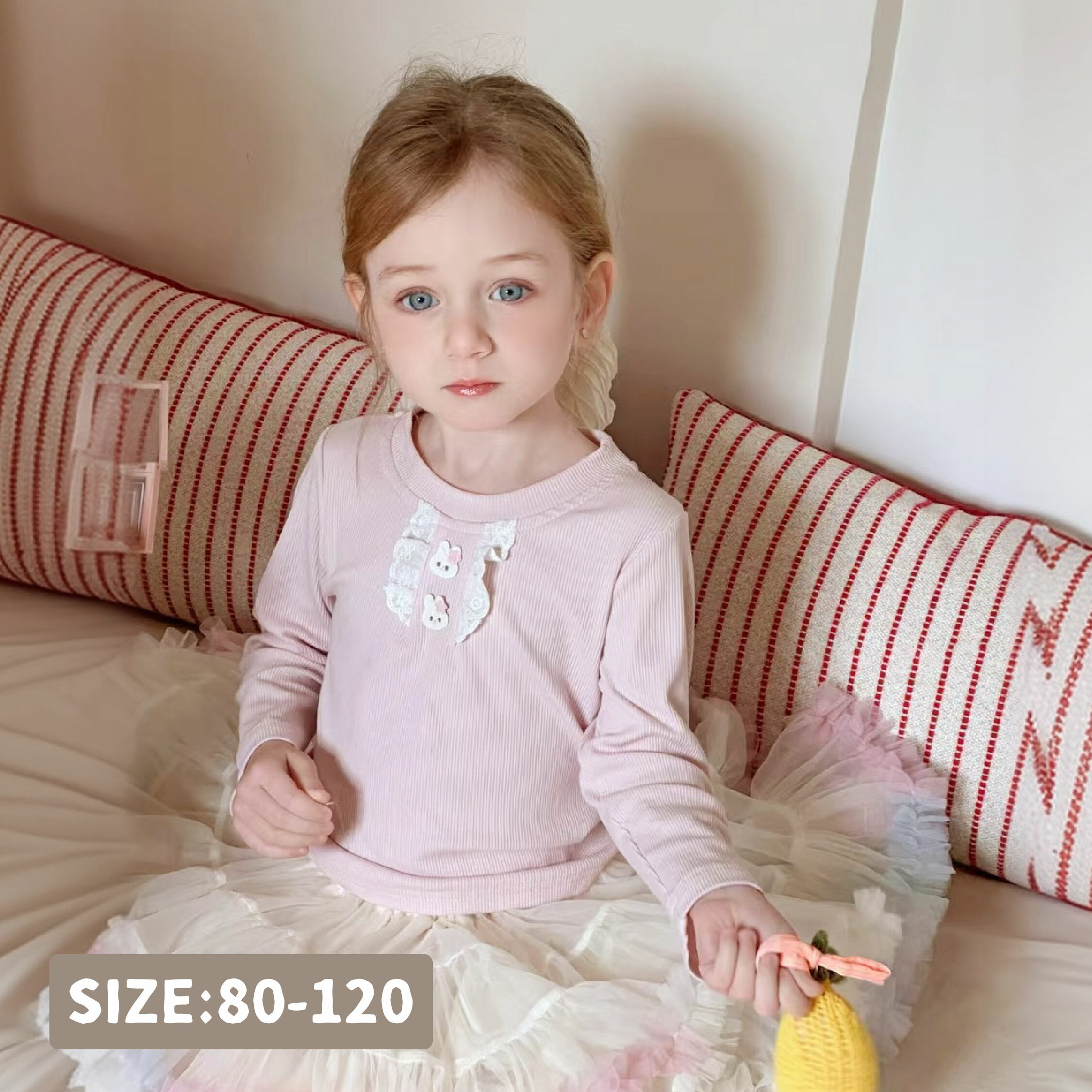 【H55190】小兔子刺繡坑條紋上衣/內搭衣＊二色