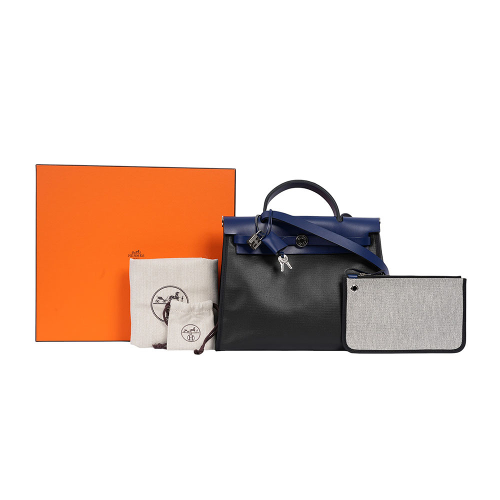 特別版 牛皮+Berline帆布 Herbag 31cm (黑色/寶石藍) C TS 002 AU