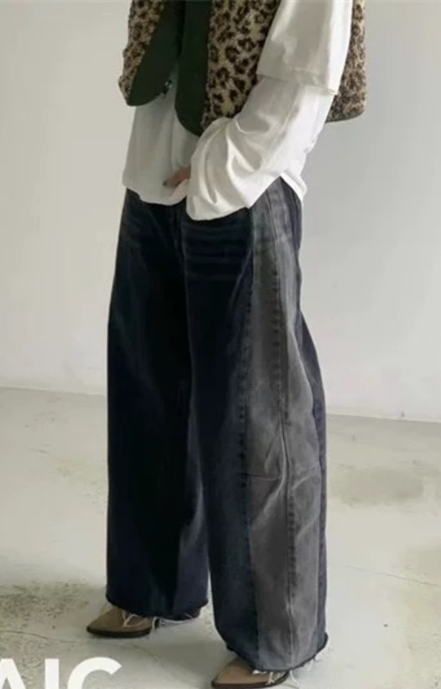 mosaic韓國黑灰漸變拼色鬚邊寬鬆休閒牛仔長褲