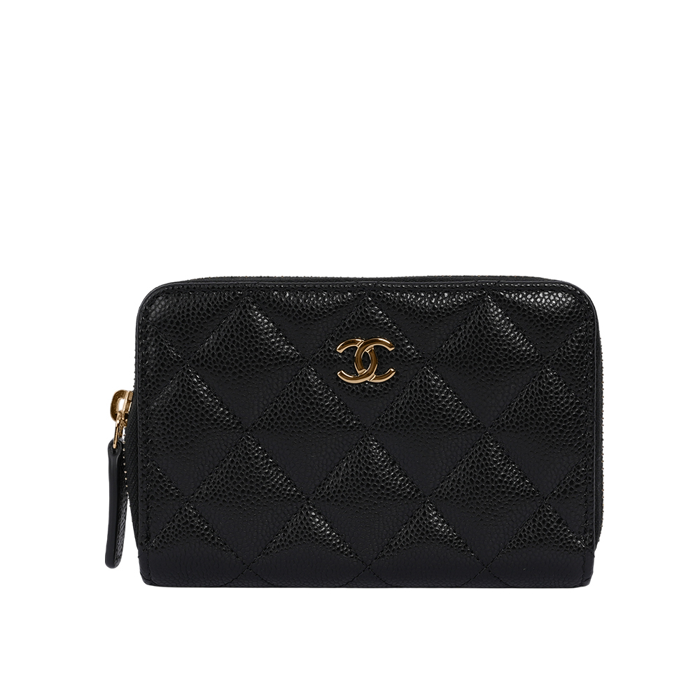 【CHANEL】淡金CC Logo 粒紋牛皮ㄇ形拉鍊零錢包/卡夾包