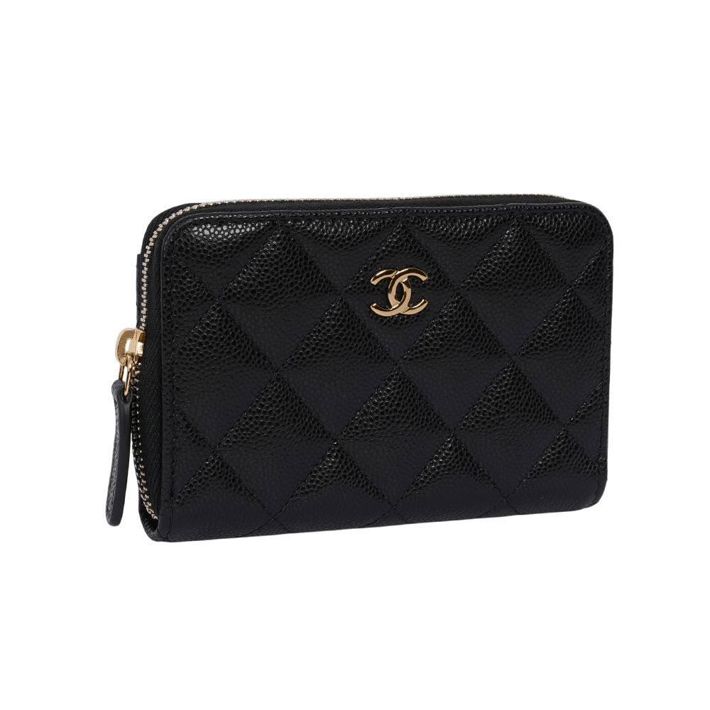 【CHANEL】淡金CC Logo 粒紋牛皮ㄇ形拉鍊零錢包/卡夾包