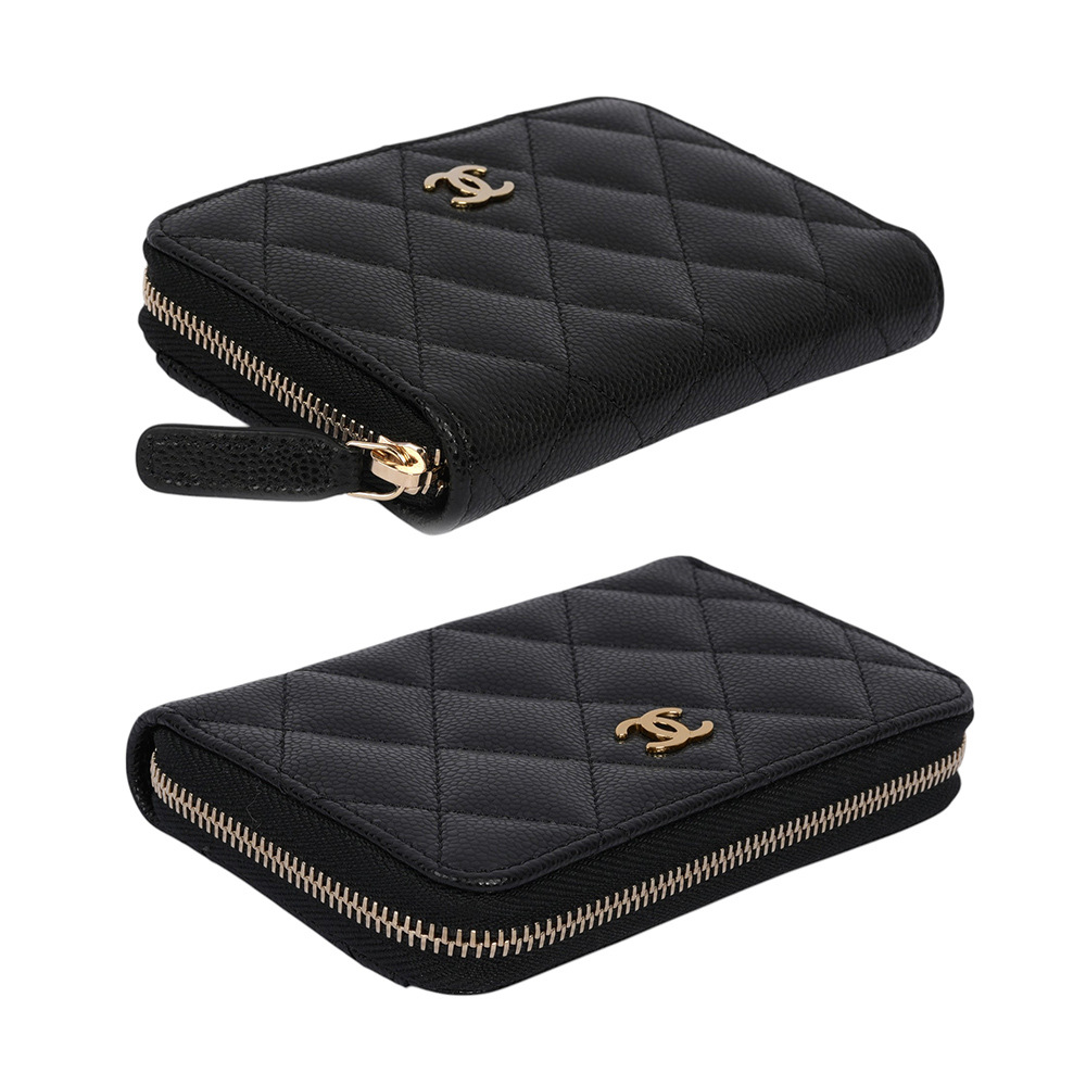 淡金CC Logo 粒紋牛皮ㄇ形拉鍊零錢包/卡夾包(黑色) AP3686 B10583 C3906