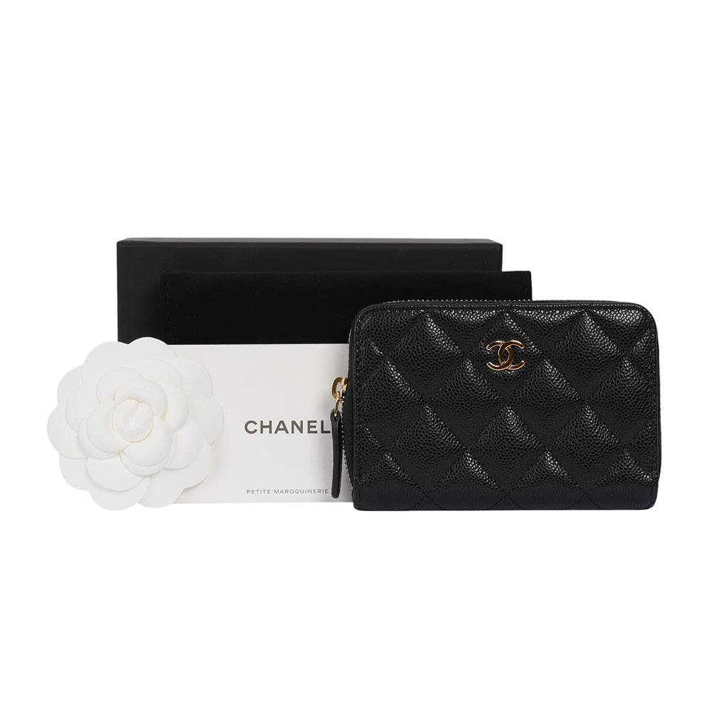 淡金CC Logo 粒紋牛皮ㄇ形拉鍊零錢包/卡夾包(黑色) AP3686 B10583 C3906