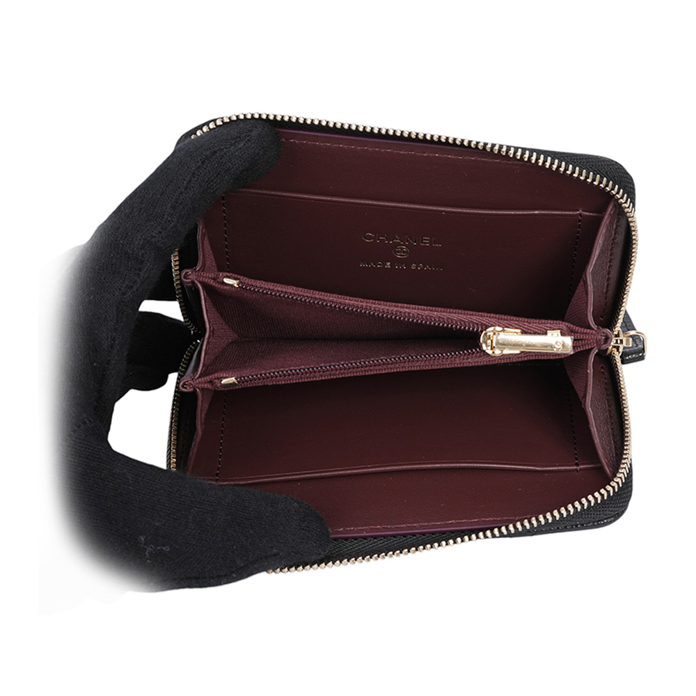 淡金CC Logo 粒紋牛皮ㄇ形拉鍊零錢包/卡夾包(黑色) AP3686 B10583 C3906