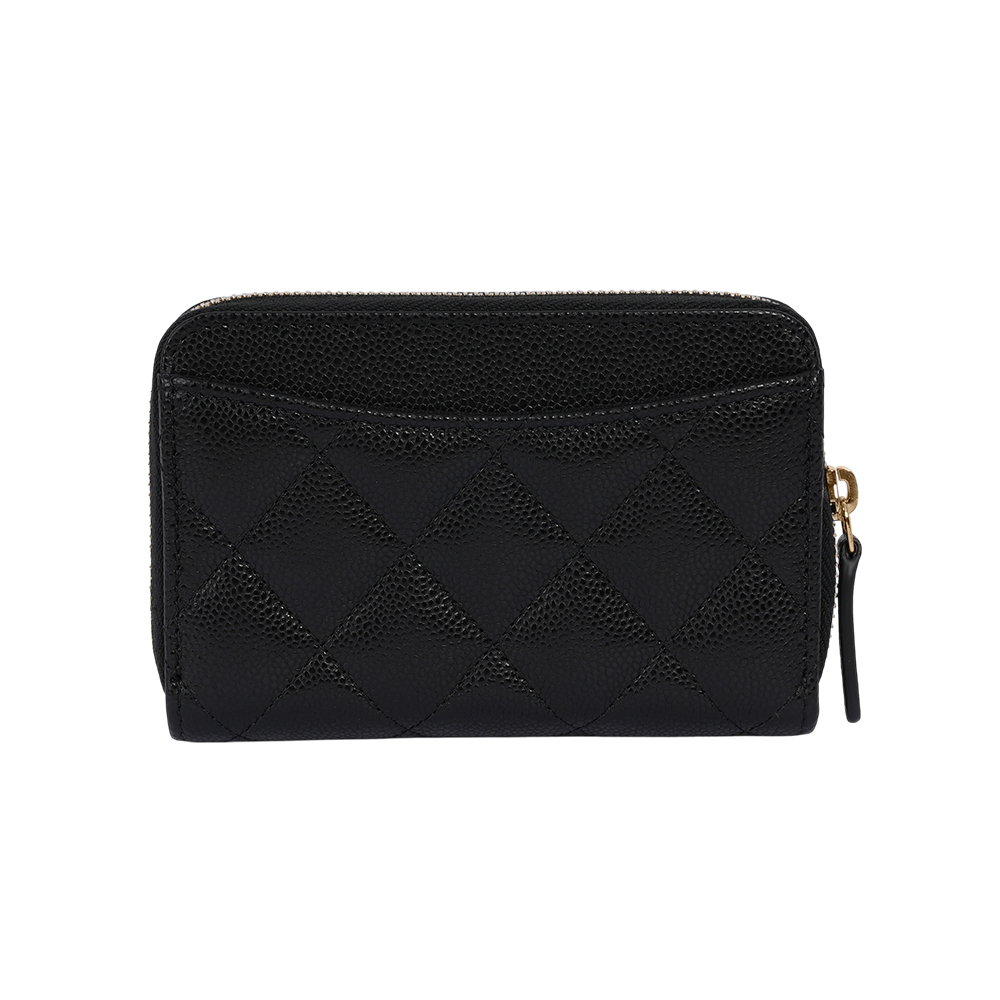 淡金CC Logo 粒紋牛皮ㄇ形拉鍊零錢包/卡夾包(黑色) AP3686 B10583 C3906