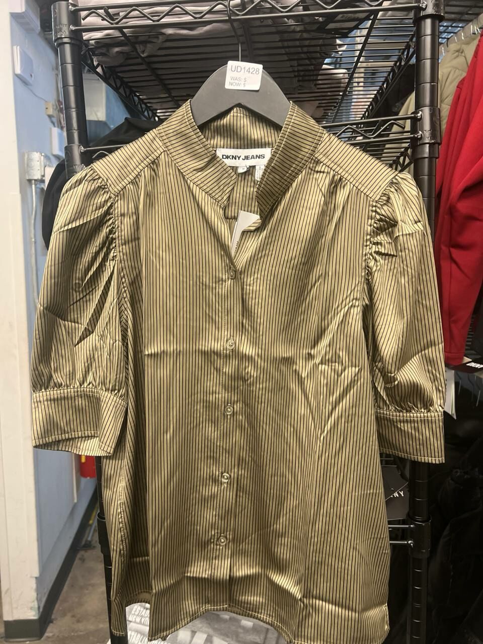 [S] DKNY PUFF SLEEVE SHIRT,LT FTG STRIPE, DJ4W2084-I9V (SD1167)