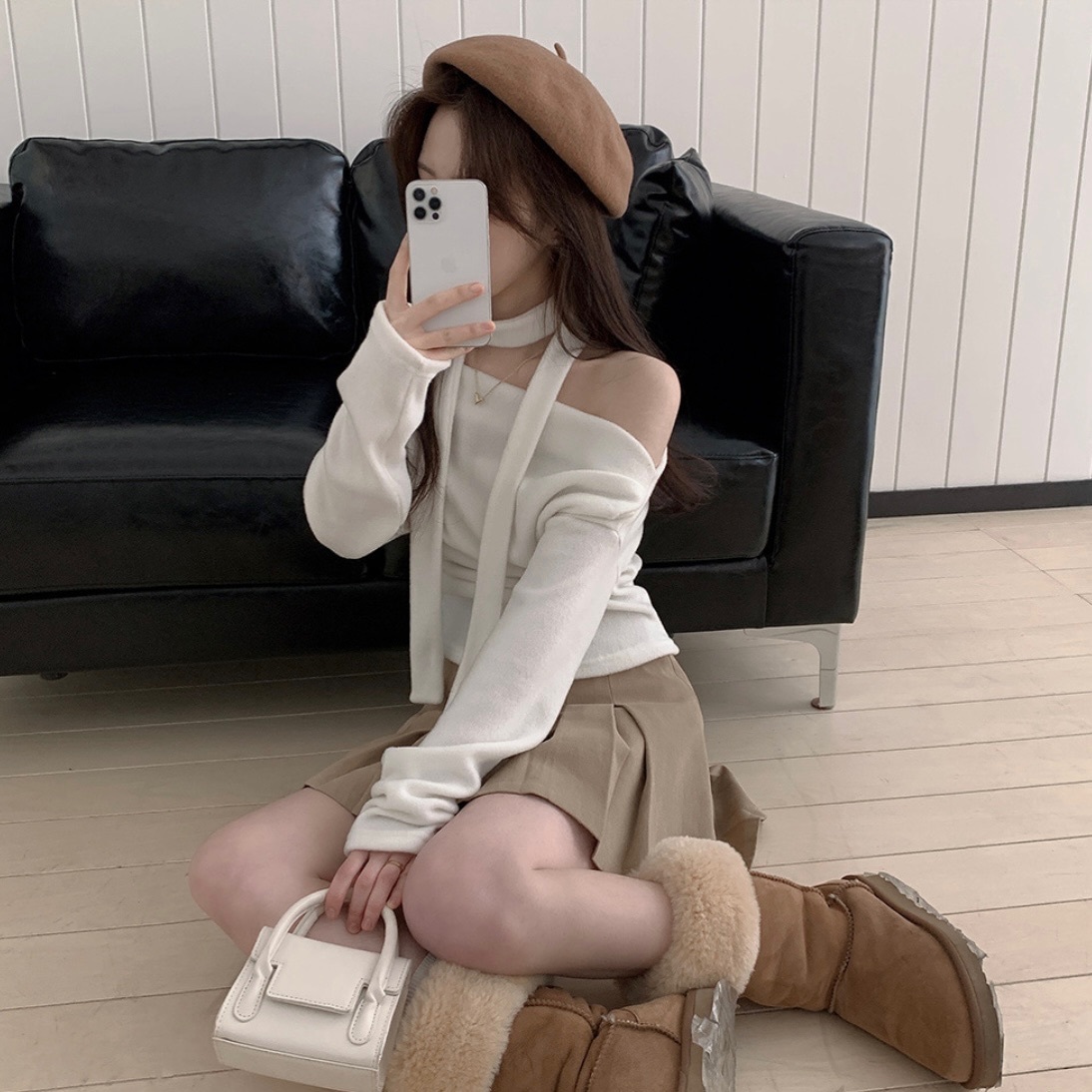 【優惠價現貨】韓國絨款露肩圍巾SET（3色）