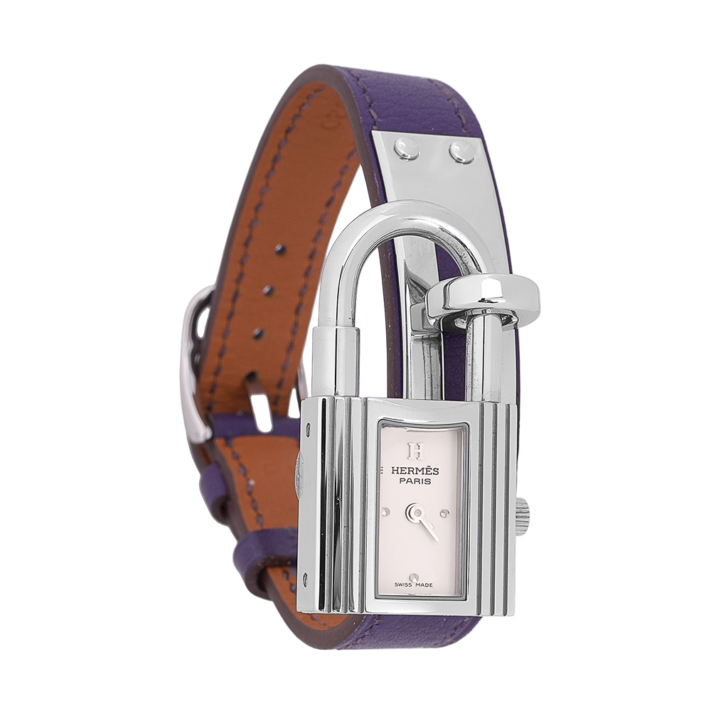 【HERMES】Kelly 釦及鎖頭造型錶面女錶(鳶尾紫/銀色)W039429WW00