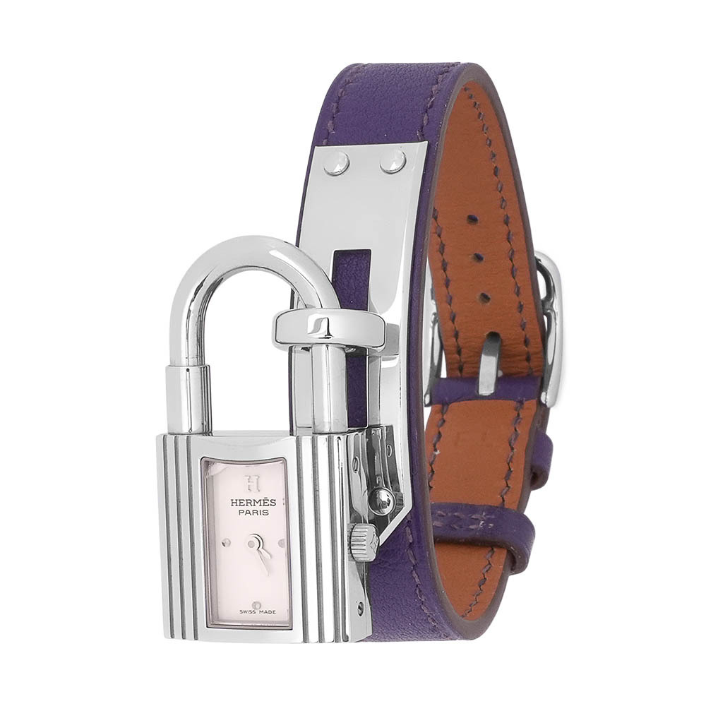 【HERMES】Kelly 釦及鎖頭造型錶面女錶(鳶尾紫/銀色)W039429WW00