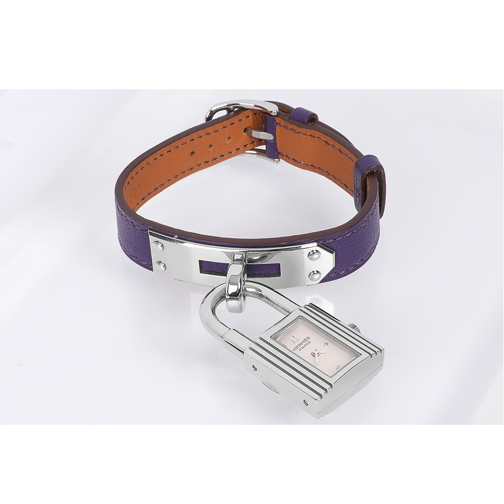 【HERMES】Kelly 釦及鎖頭造型錶面女錶(鳶尾紫/銀色)W039429WW00