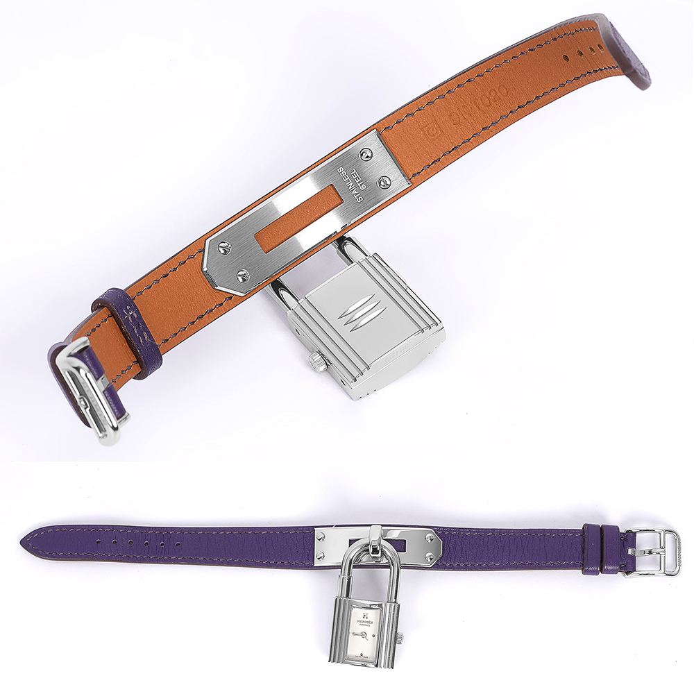 【HERMES】Kelly 釦及鎖頭造型錶面女錶(鳶尾紫/銀色)W039429WW00