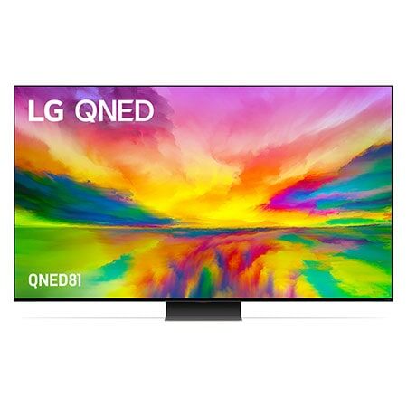 LG QNED81 電視，顯示器畫面充滿鮮豔色彩，展示了色彩豐富的漸層日出或日落景象，品牌和型號標示清晰，位於畫面左上角。