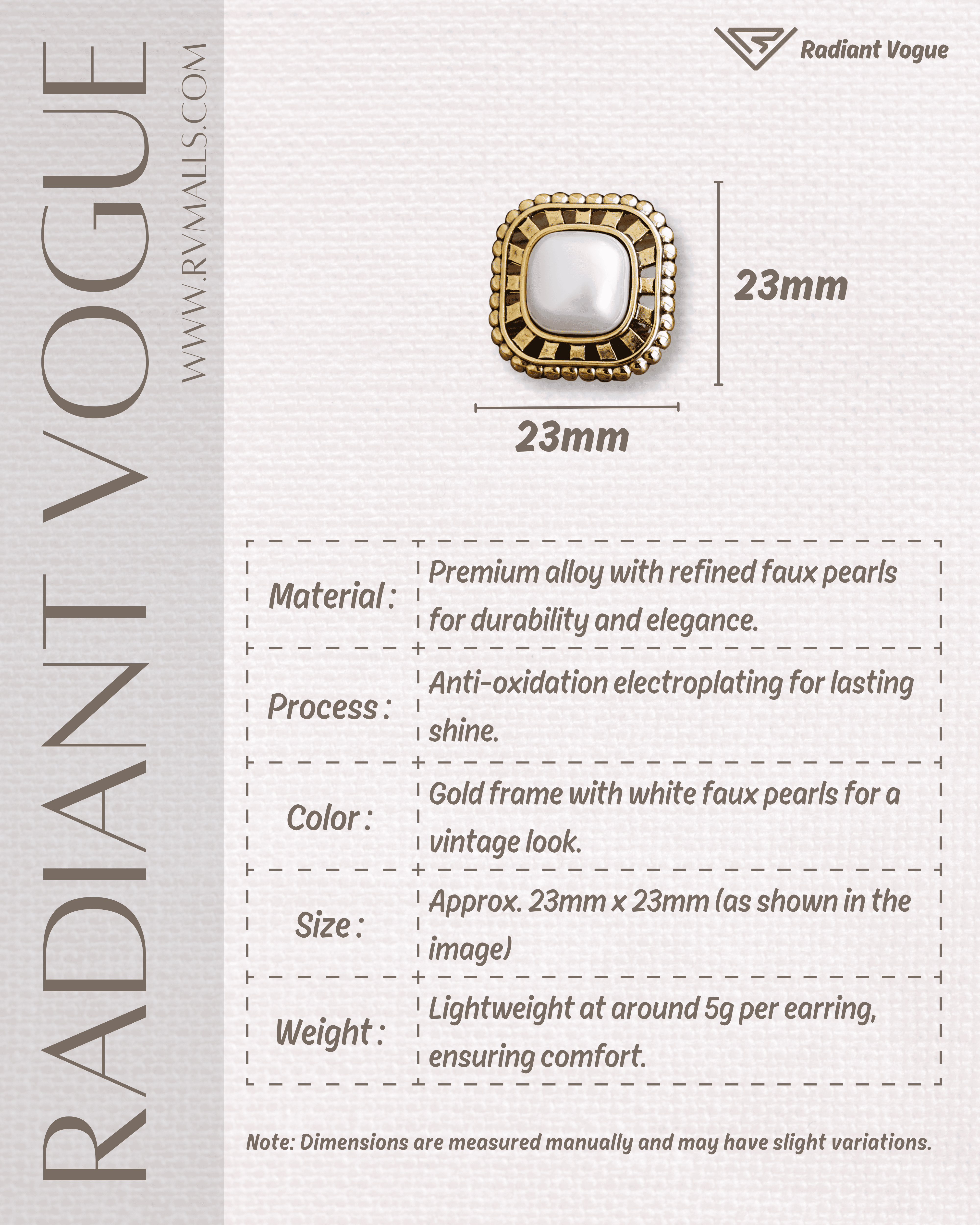 23mm 尺寸, 採用高品質合金與仿珍珠, 抗氧化電鍍處理, 輕量化設計適合全天舒適佩戴, 完美搭配各種風格。