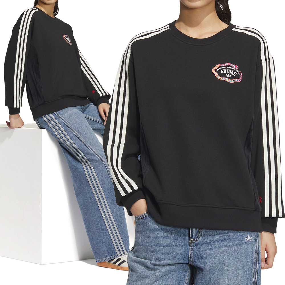 Adidas LNY W Crew 女款 黑色 運動 休閒 上衣 圓領 羅紋 寬鬆 長袖 JL8423