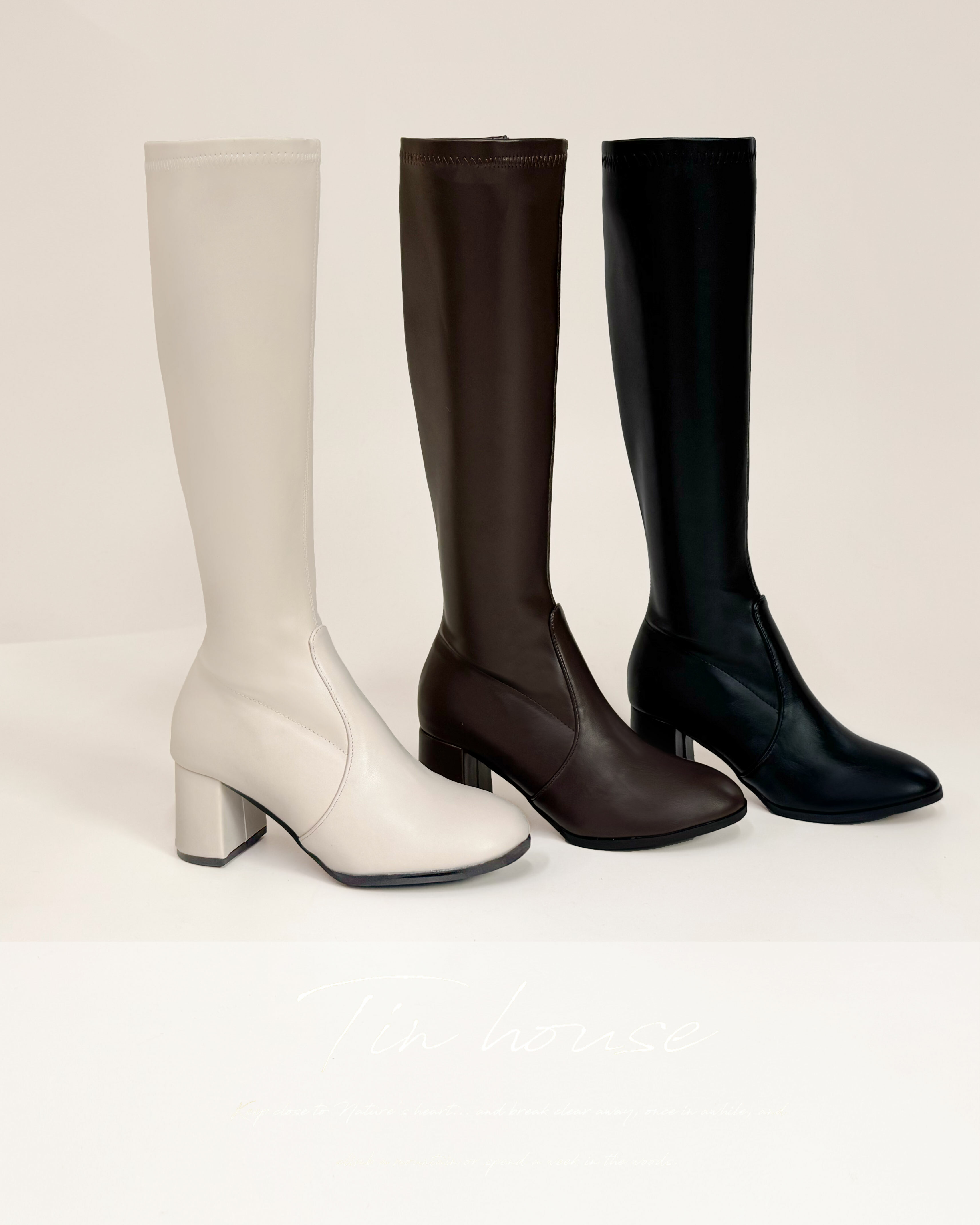 訂製-質感皮革粗跟膝下靴