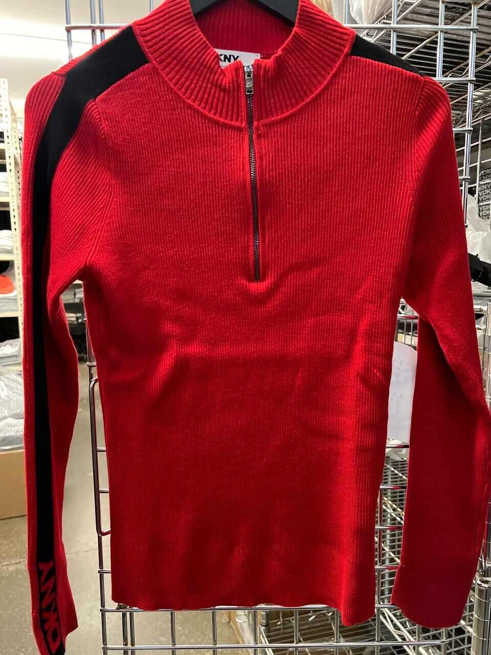 [S] DKNY WOMEN HALF ZIP LOGO TAPE SWEATER,RED LT/BLACK, P4MSAQ72-I3A (SD1177)