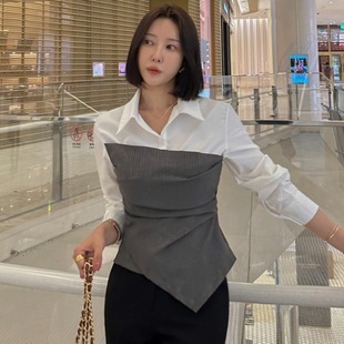 韓國設計款 拼接襯衫(灰/藍)