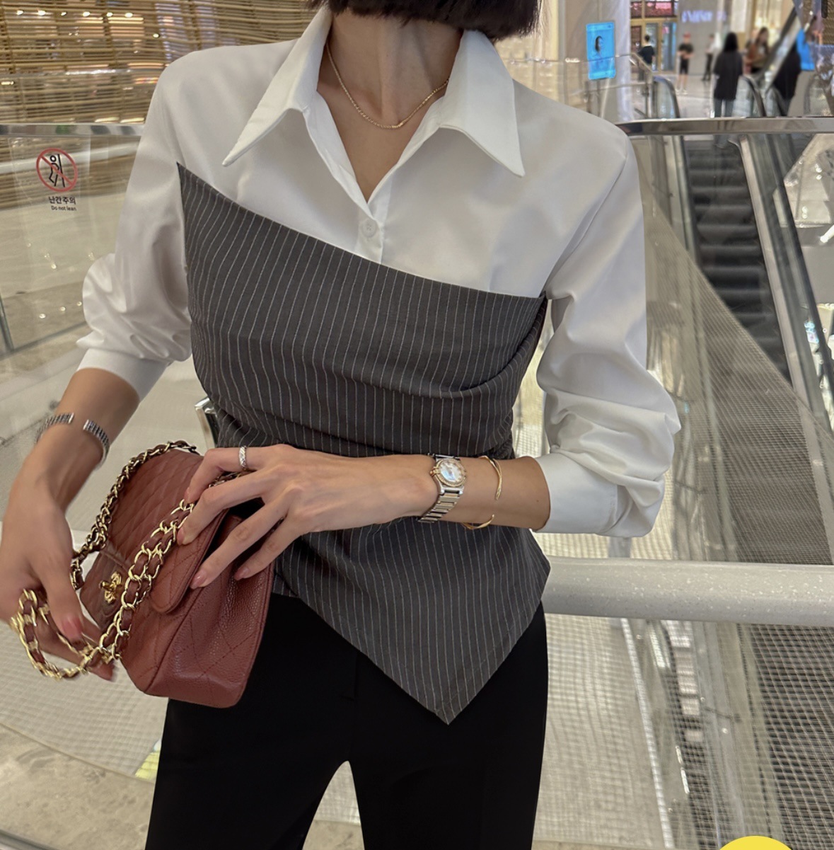 韓國設計款 拼接襯衫(灰/藍)