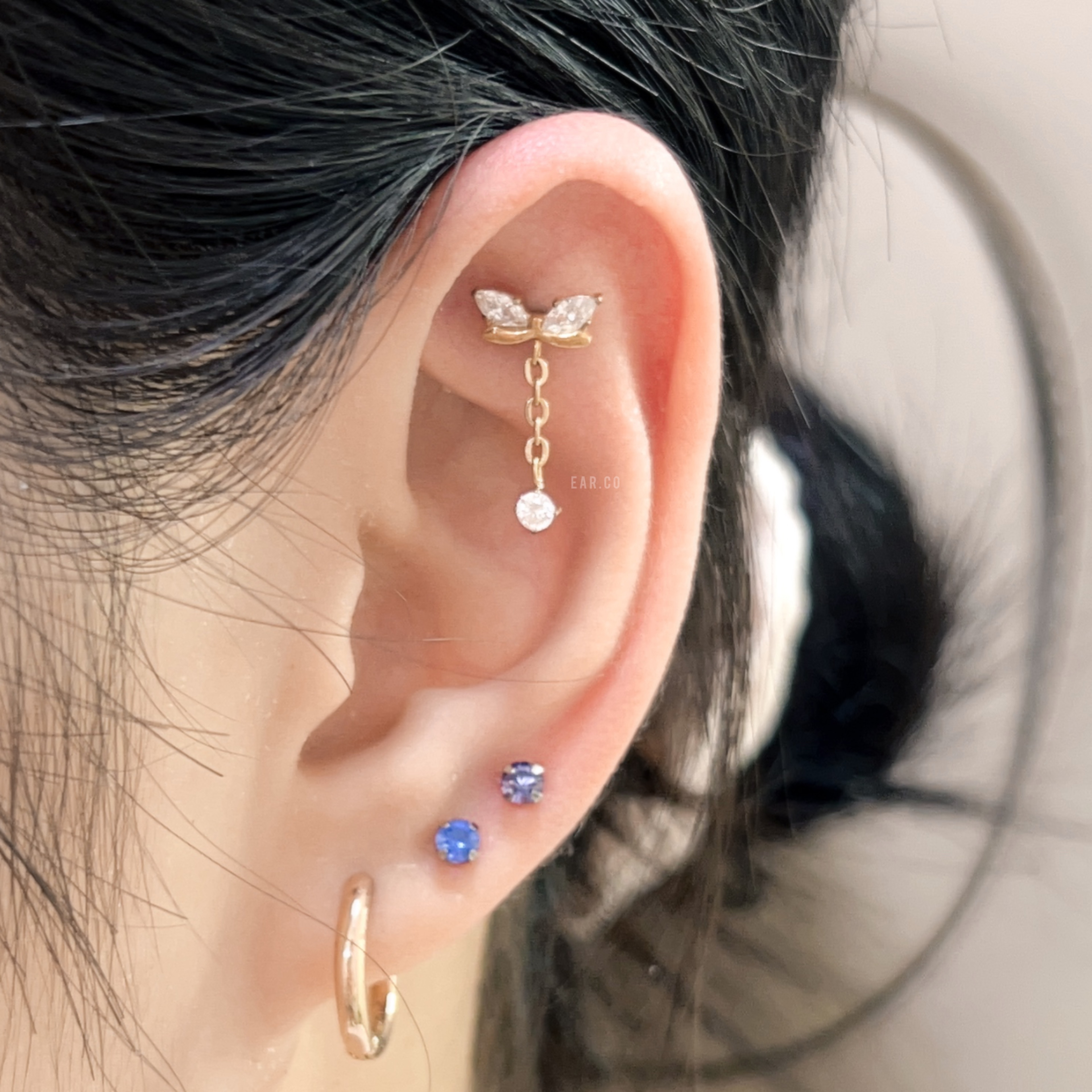 垂釣閃石蝴蝶結平頭耳門/耳珠/耳骨釘 [G23 Titanium]