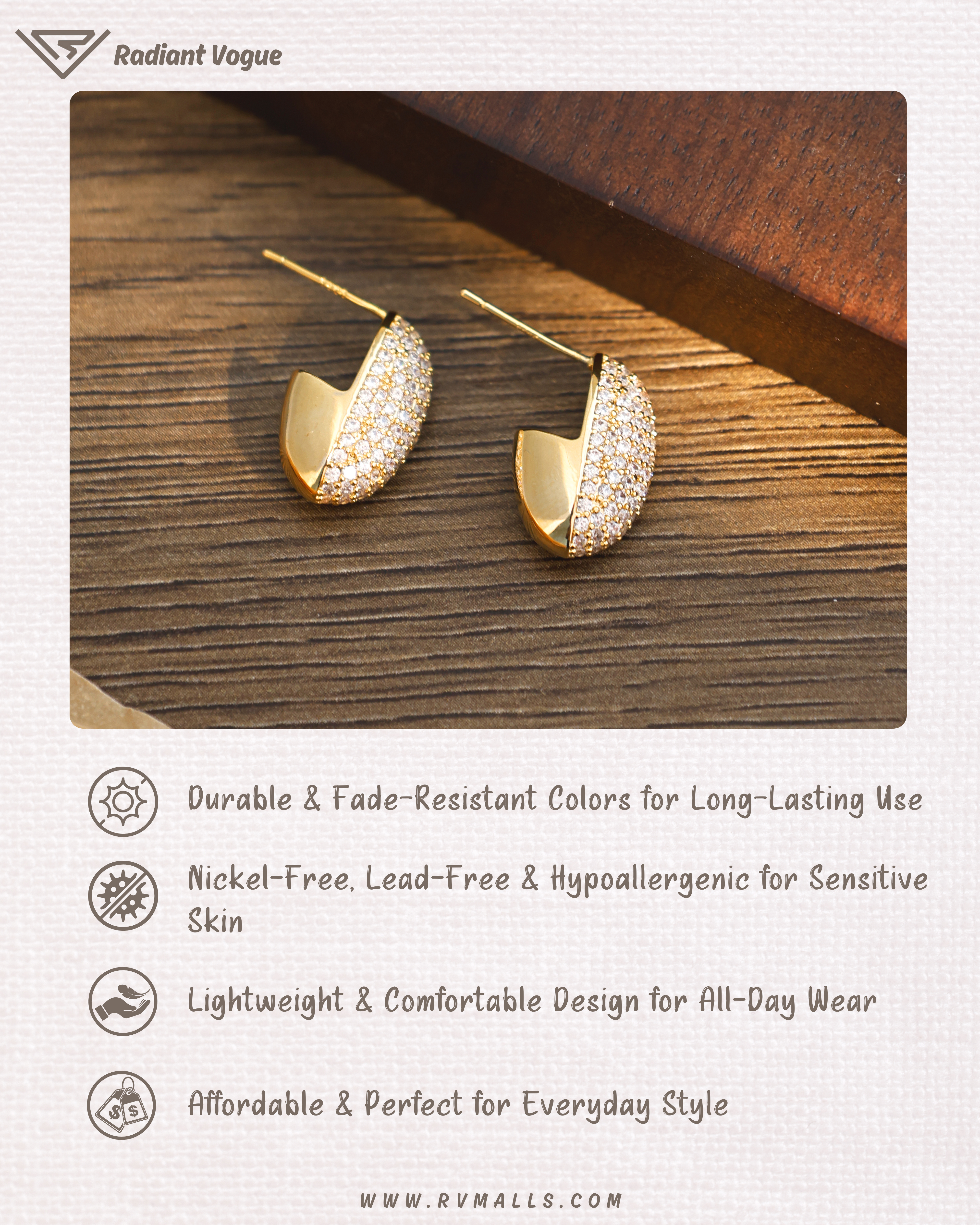 耳環採用不褪色電鍍技術, 輕量設計僅3g, 適合敏感肌膚, 適用於日常穿搭與場合佩戴, 兼具耐用性與設計感。