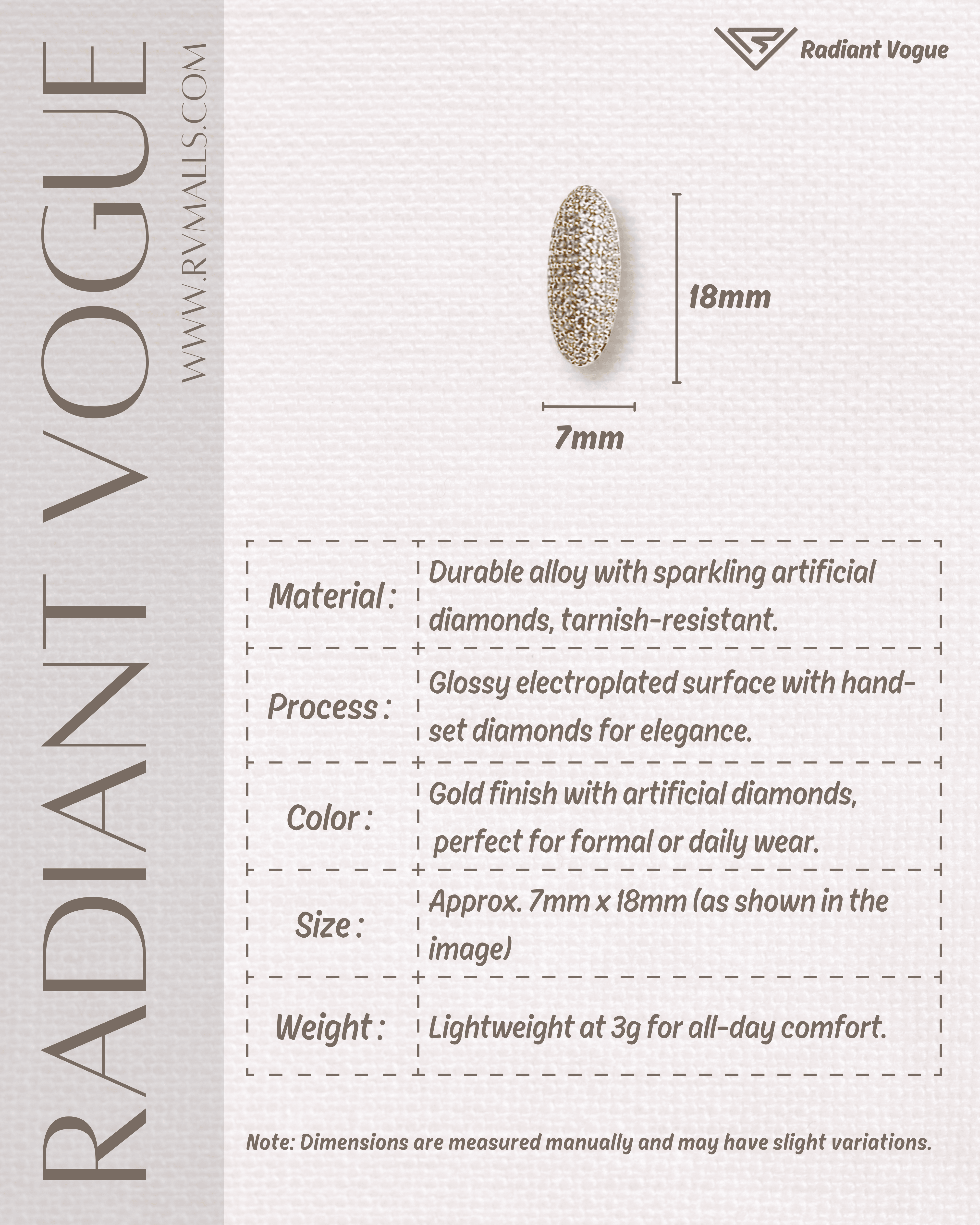 耳環材質為高品質合金, 搭配人工鑽石, 採用不褪色電鍍技術, 尺寸為7mm x 18mm, 重量僅3g, 適合敏感肌膚, 提供全天舒適佩戴體驗。