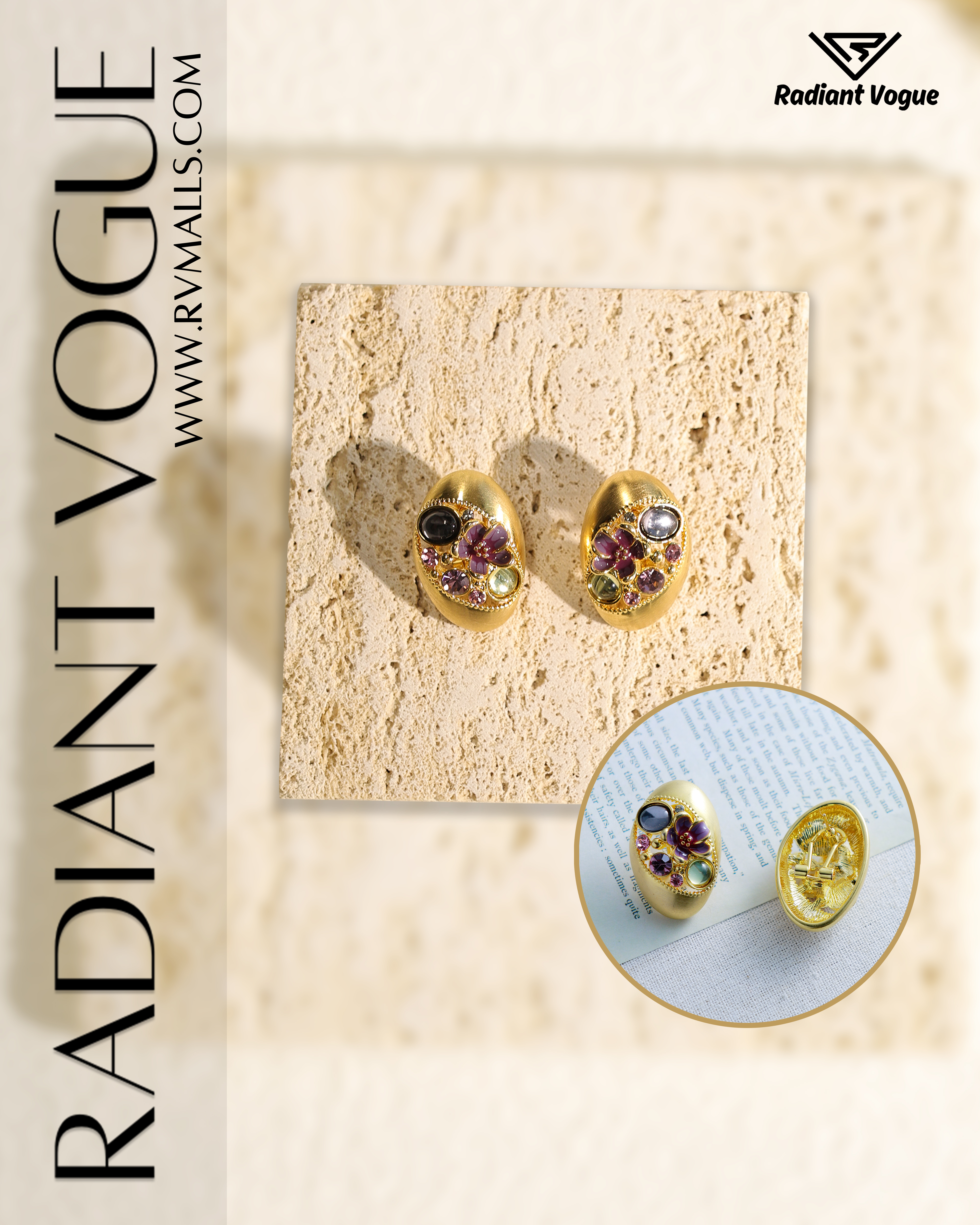 金鑲多彩仿寶石耳環主視圖, 採用紫色、粉色與綠色仿寶石搭配啞光金色底座, 呈現高雅與奢華氣質。