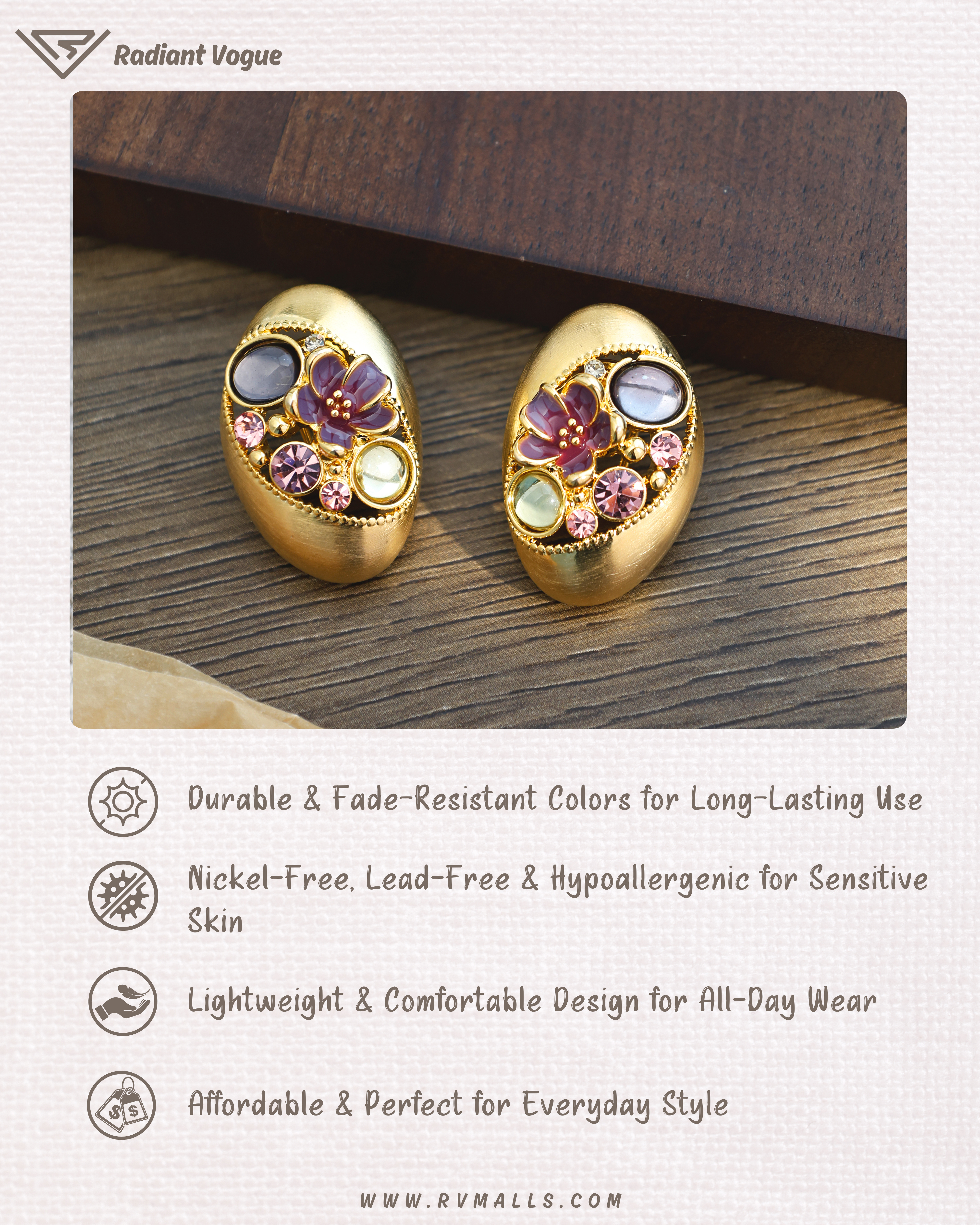 金鑲多彩仿寶石耳環, 輕量化設計, 採用抗敏材質, 專為敏感肌膚打造, 適合日常佩戴或正式場合搭配。