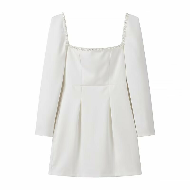 方領珍珠釘珠 收腰小洋裝(黑/白)