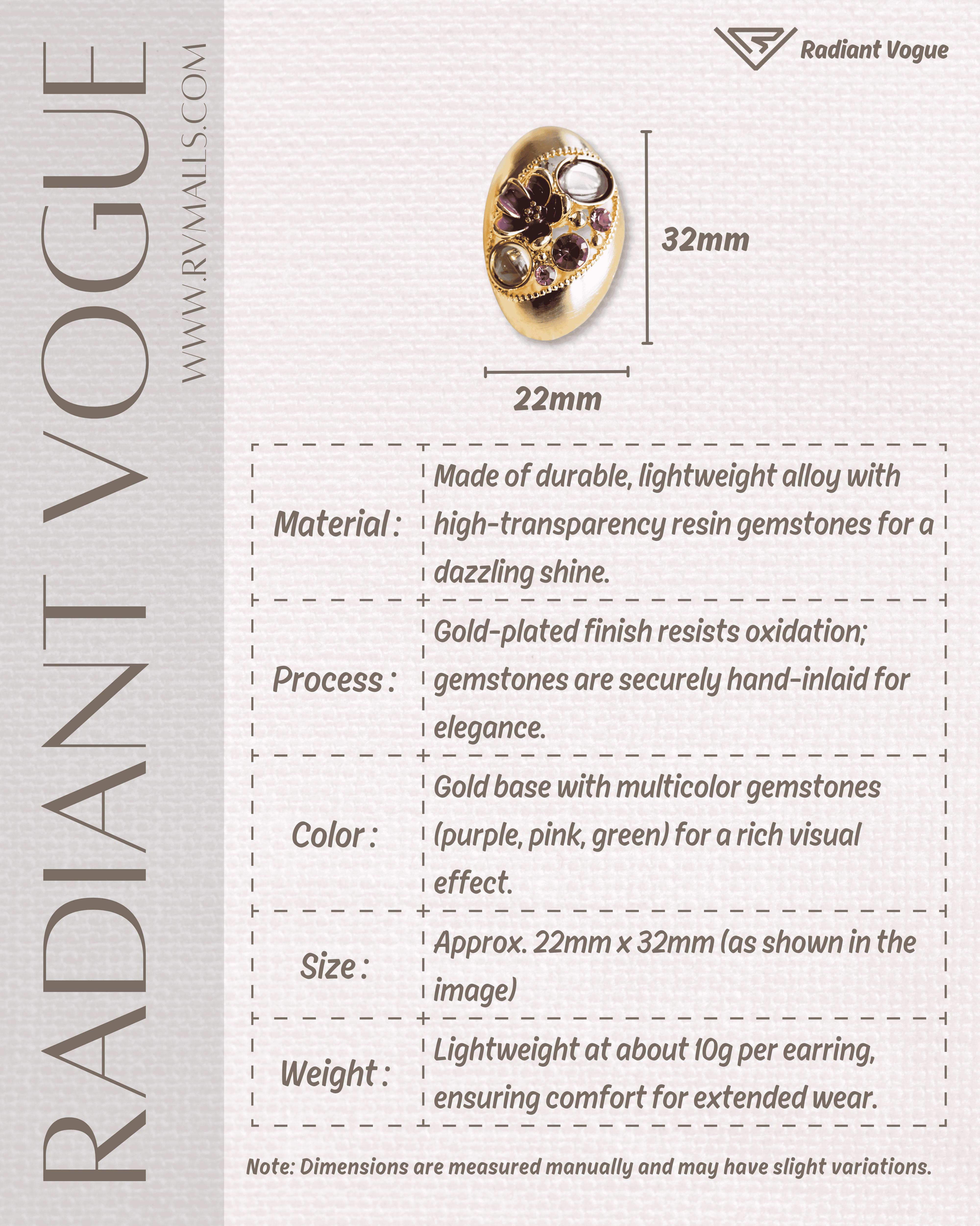 採用輕量合金材質, 手工鑲嵌高透明度仿寶石, 電鍍金色表面防氧化, 尺寸22mm x 32mm, 重量約10克。