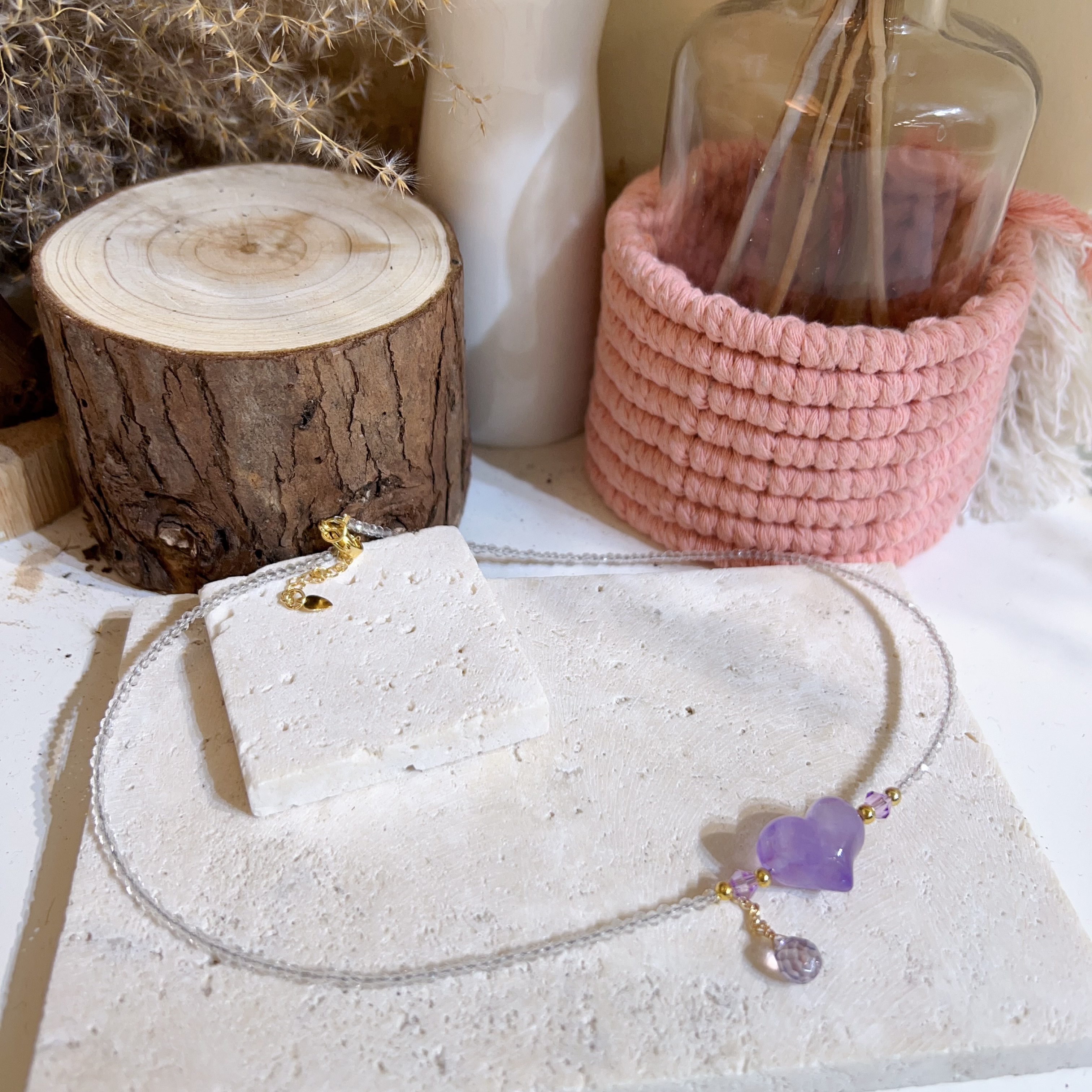 💛$120@2 白水晶拼紫水晶心心頸鏈 39-43cm