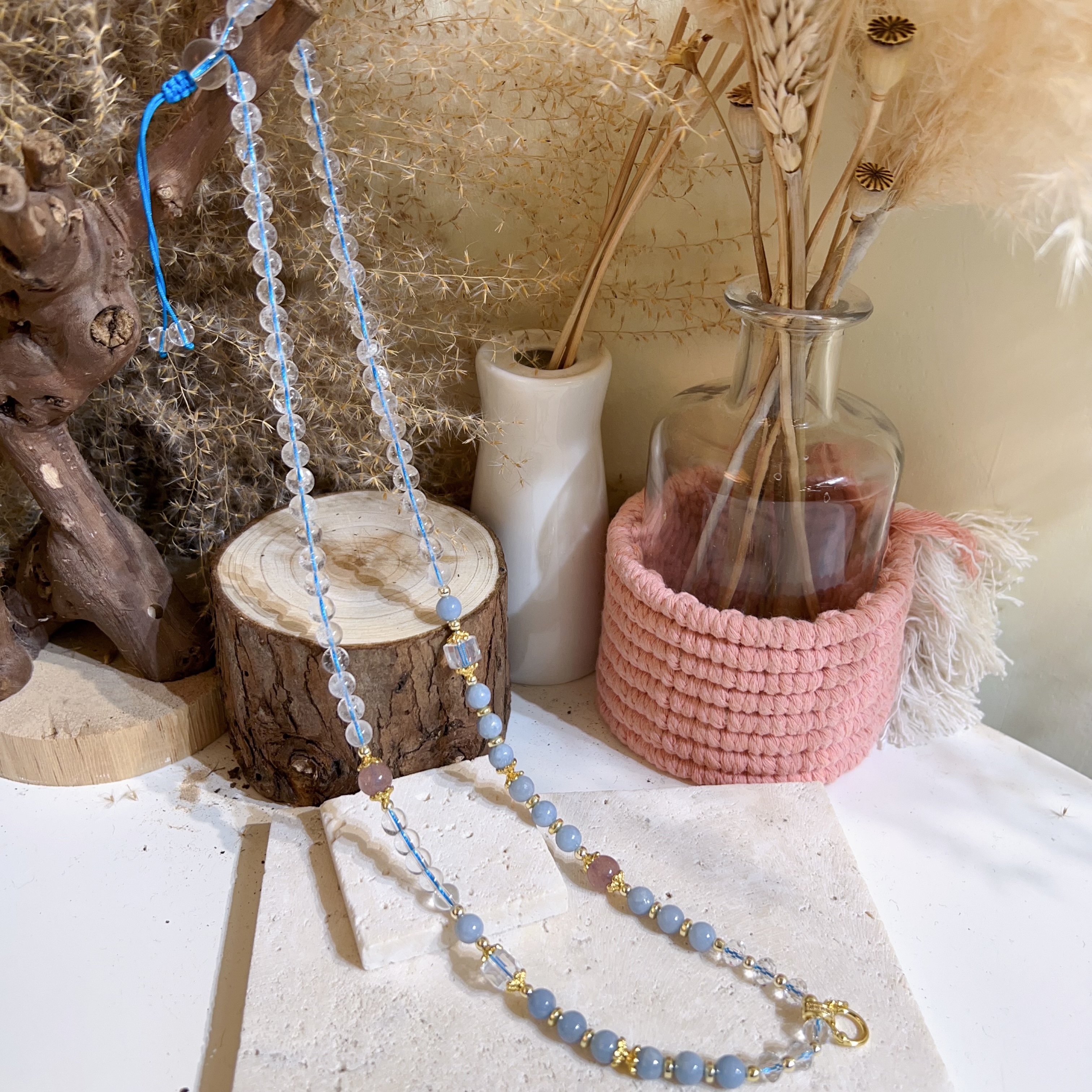 白水晶拼藍天使拼草莓晶萬用鏈