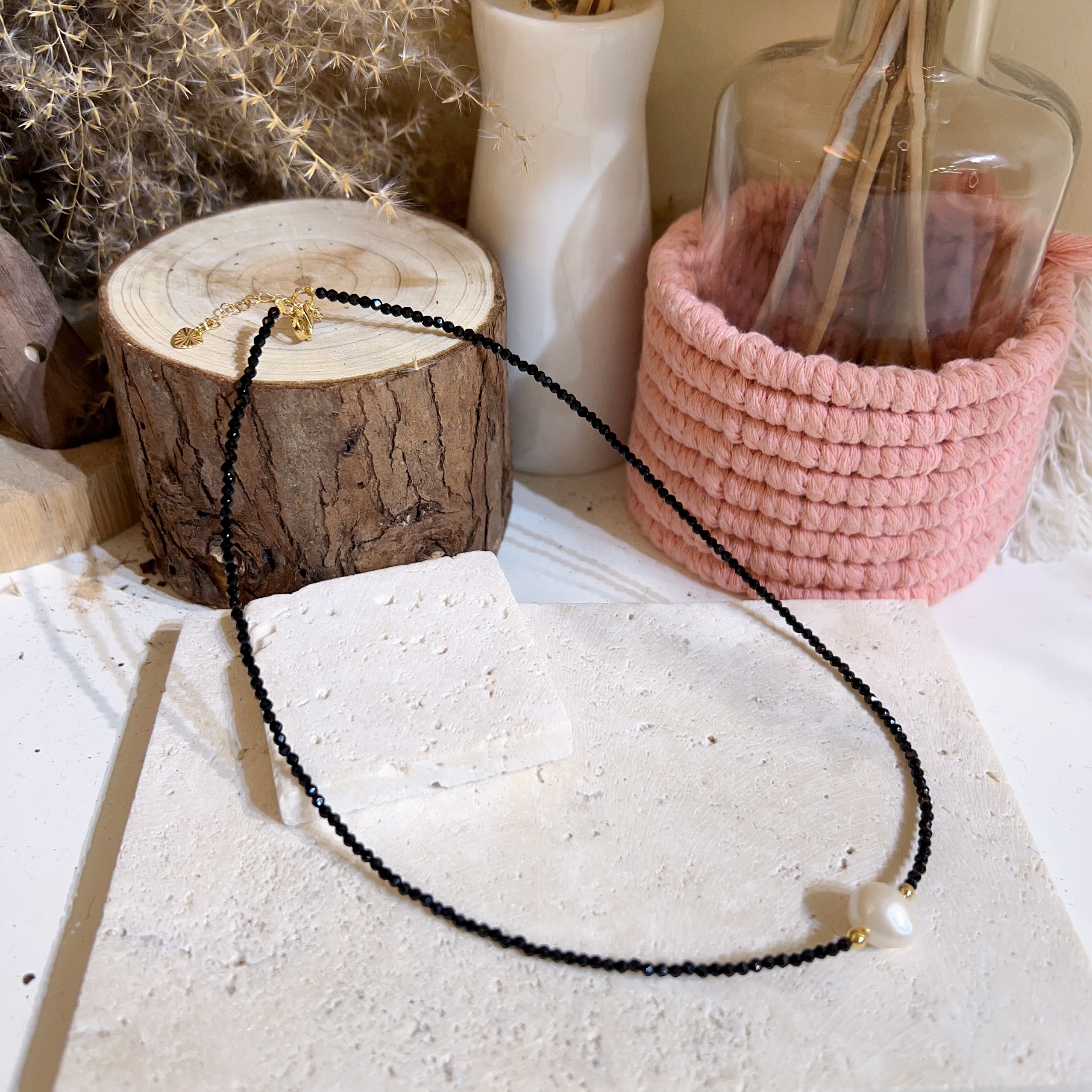 黑尖晶切割拼珍珠頸鏈 39-43cm