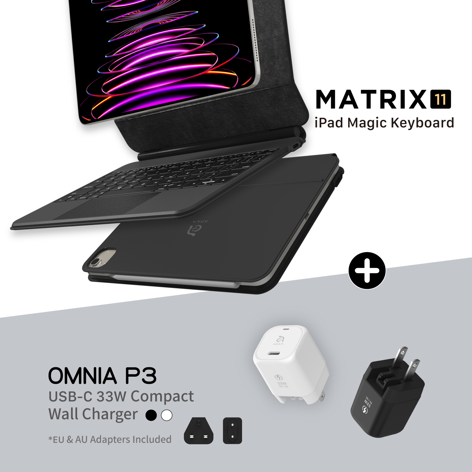 MATRIX 11 iPad Magic Keyboard + OMNIA P3 USB-C 33W Compact Wall Charger
