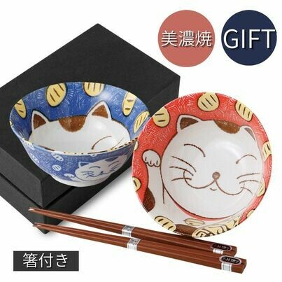 日本美濃燒NEKO貓貓瓦碗連筷子套裝15CM (日本製)